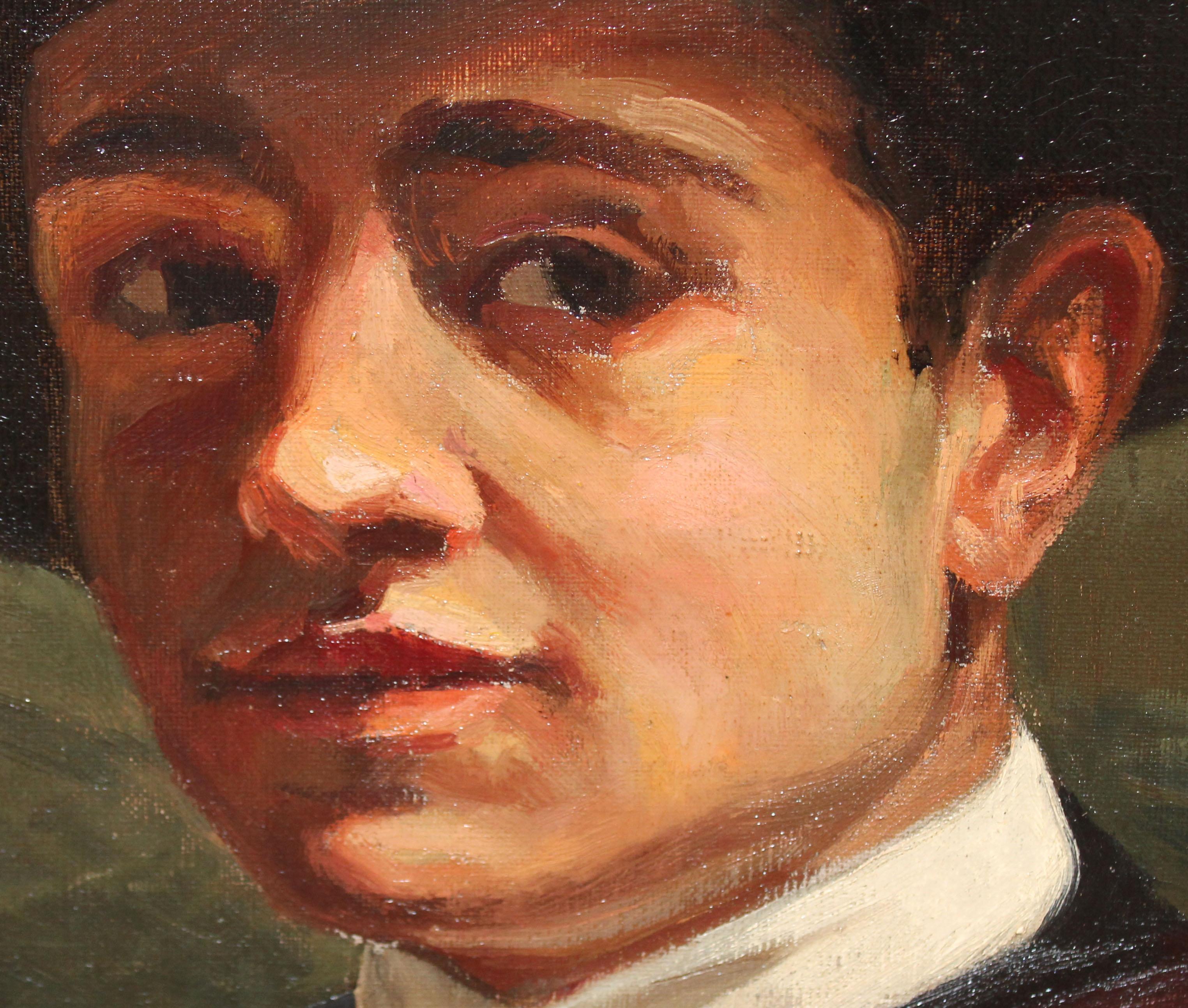 Óleo sobre tela - Retrato de caballero con sombrero - Black Portrait Painting by Unknown