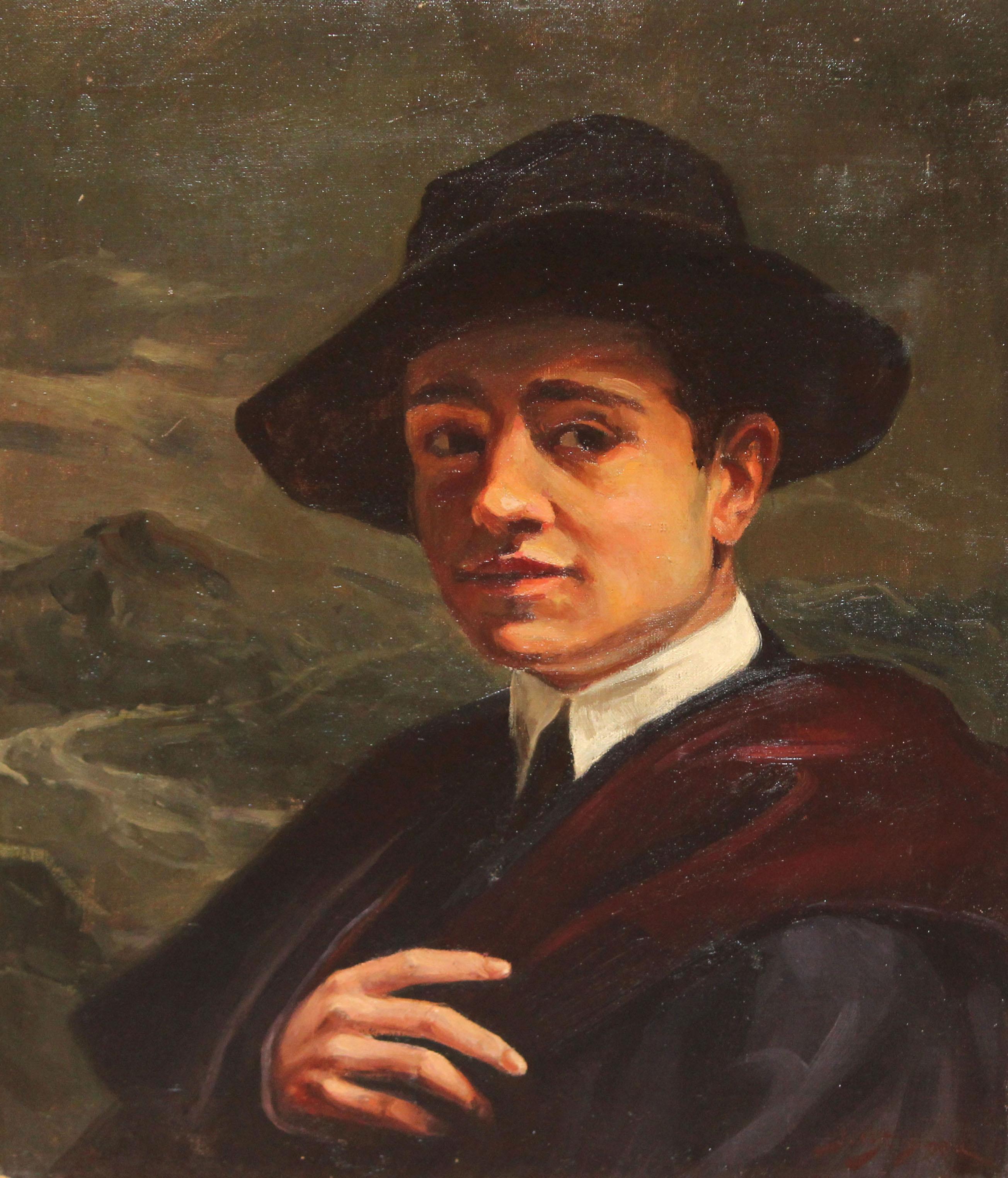 Óleo sobre tela - Retrato de caballero con sombrero