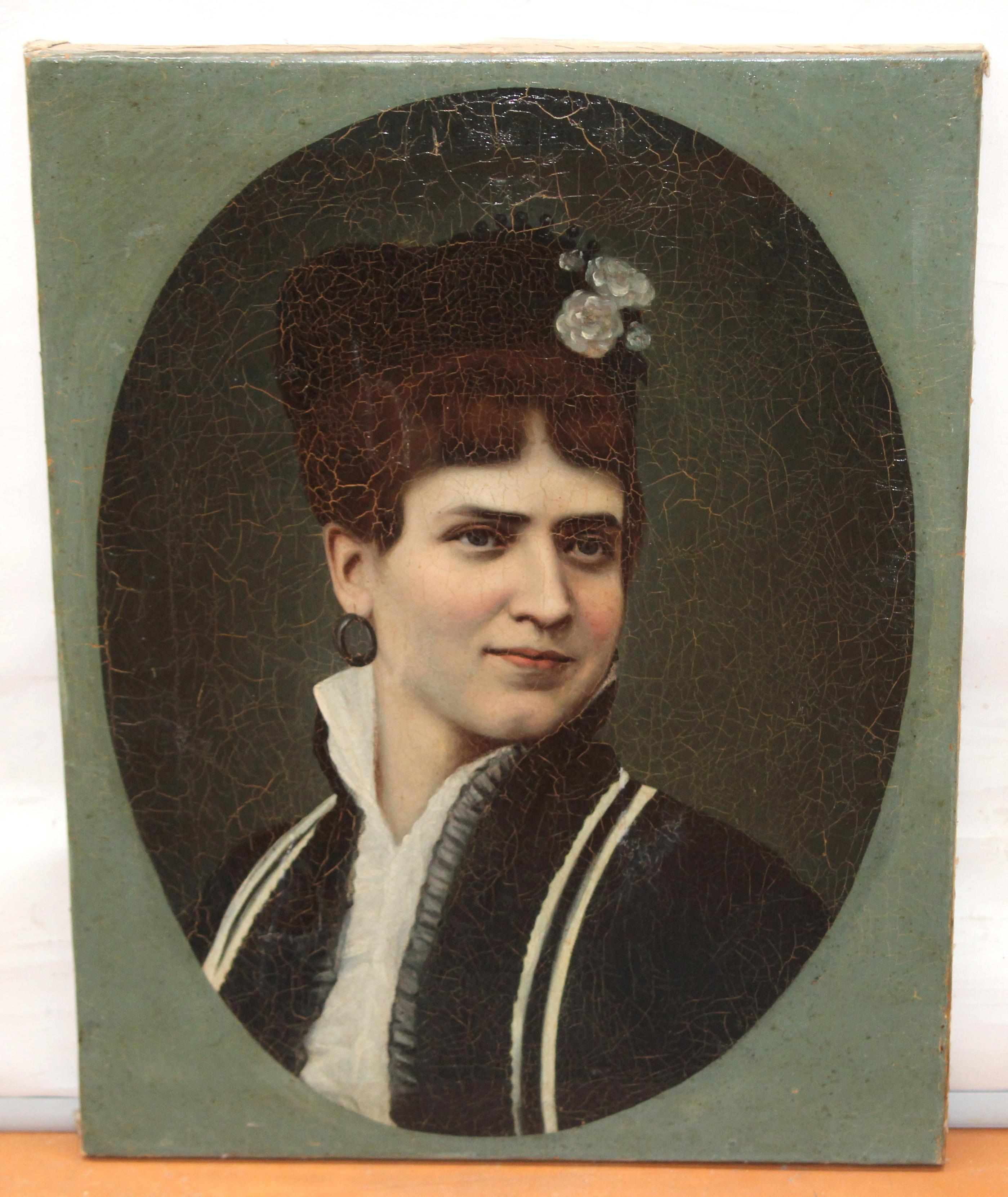 Óleo sobre tela - Retrato de dama con tocado floral - Painting by Unknown