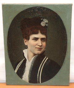 Óleo sobre tela - Retrato de dama con tocado floral
