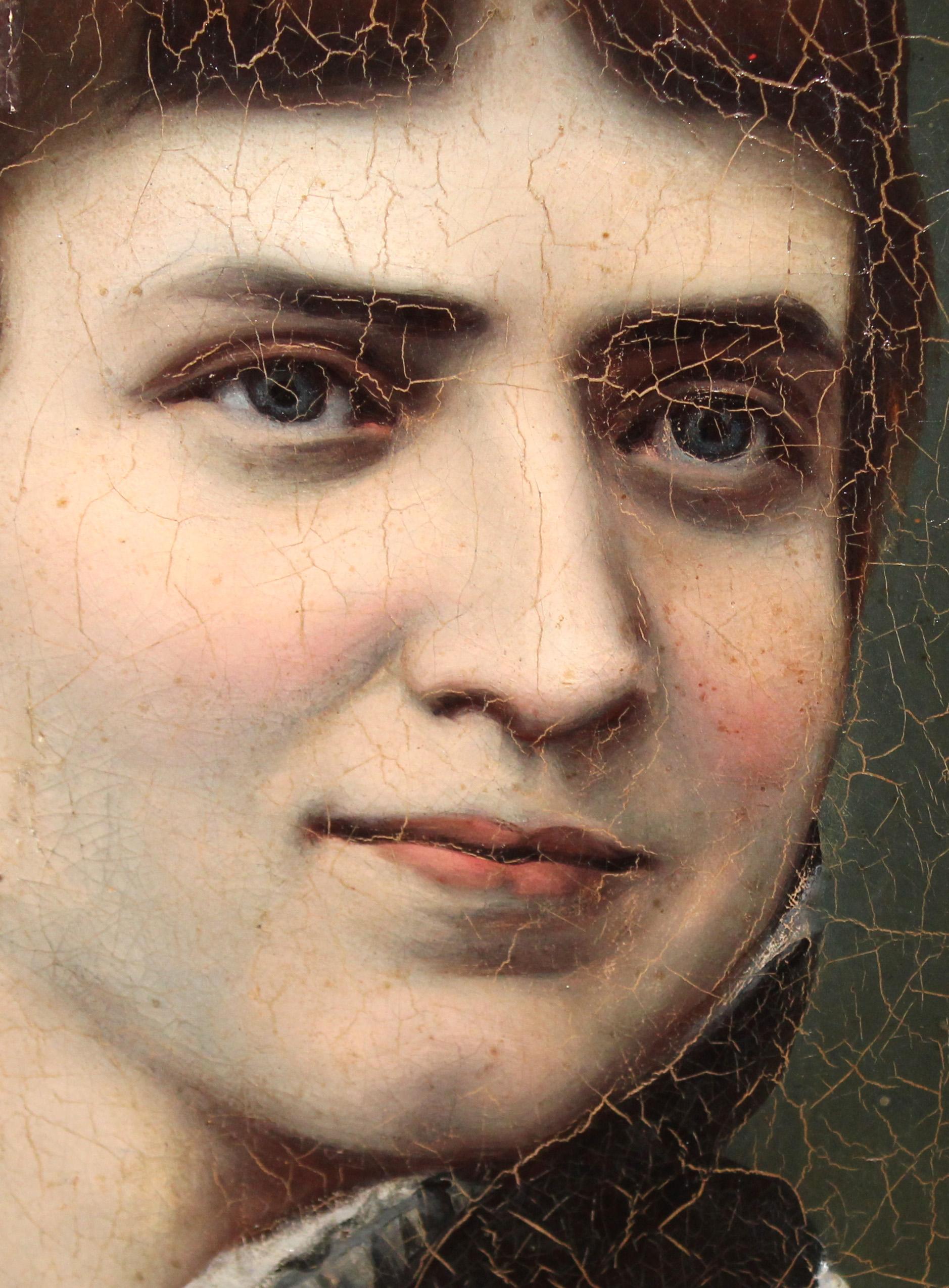 Óleo sobre tela - Retrato de dama con tocado floral - Black Portrait Painting by Unknown