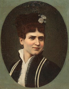 Óleo sobre tela - Ritratto di donna con tocado floreale