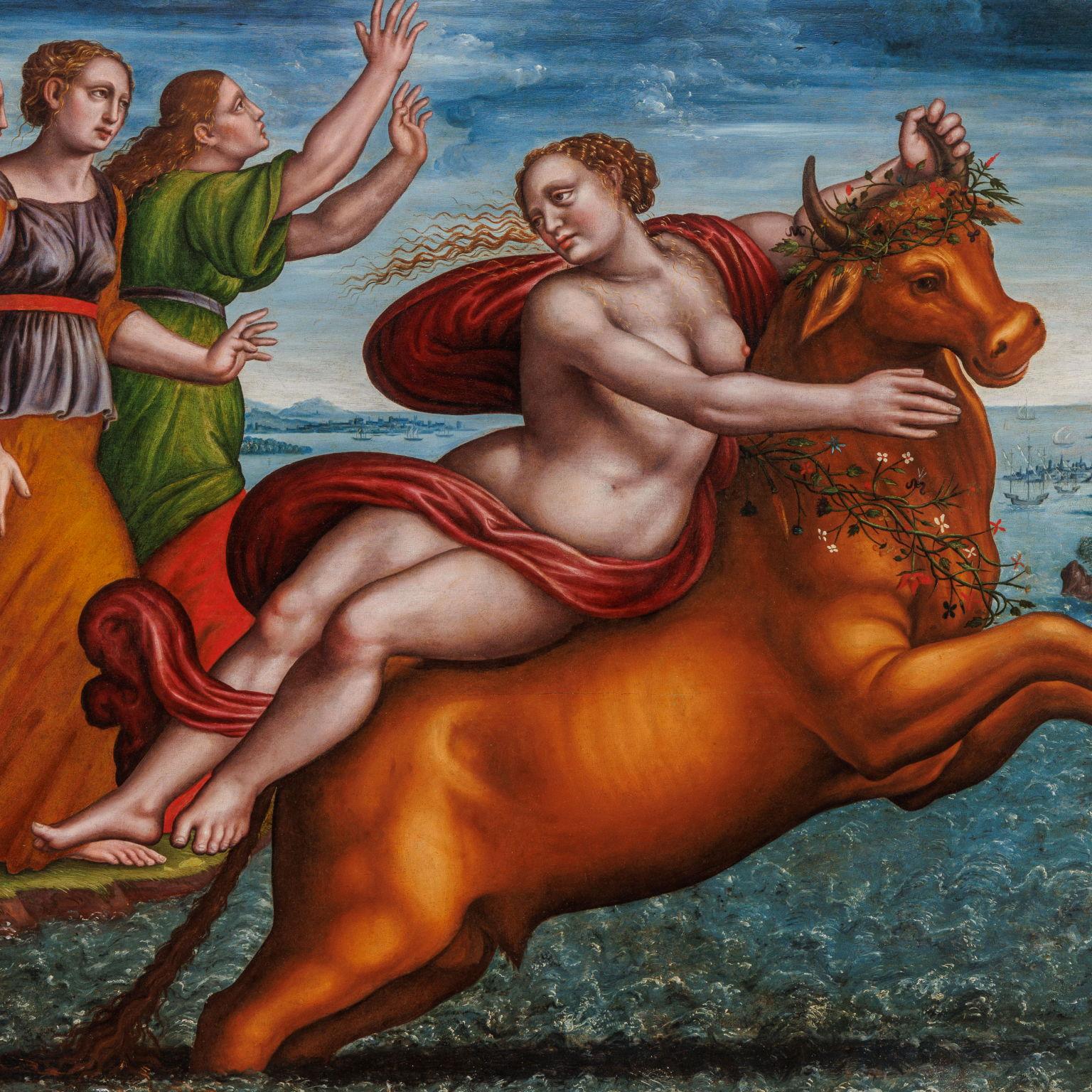 Öl auf Tafel 'Vergewaltigung der Europa' Pseudo Giampietrino B, 1930-40er Jahre 16 (Sonstige Kunststile), Painting, von Unknown