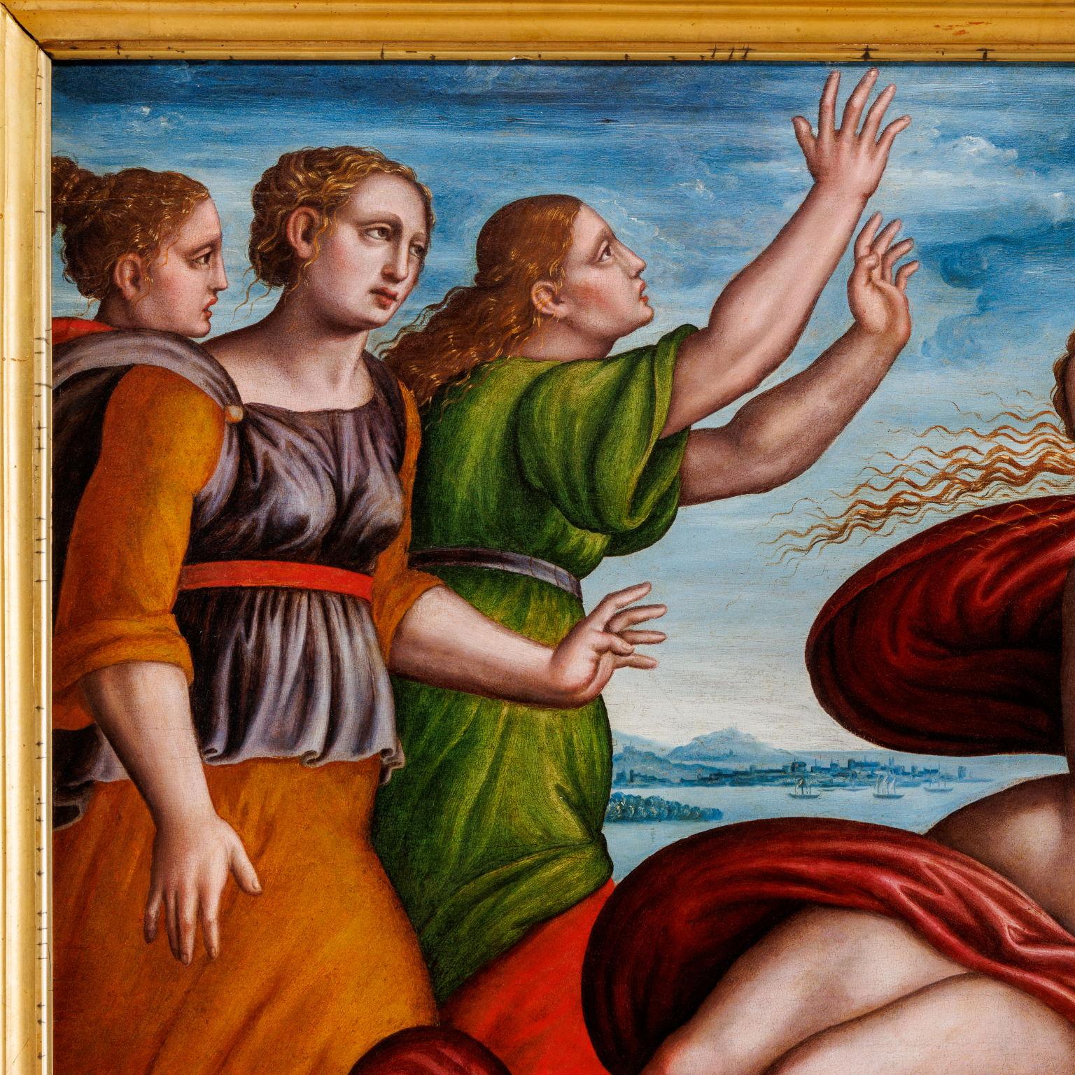 Auf der Tafel, die die mythologische Episode der Vergewaltigung Europas darstellt, sind im Vordergrund die beiden Protagonisten zu sehen: Zeus in Gestalt eines Stiers, dessen Hals und Hörner mit Blumenketten geschmückt sind, und auf dessen Rücken