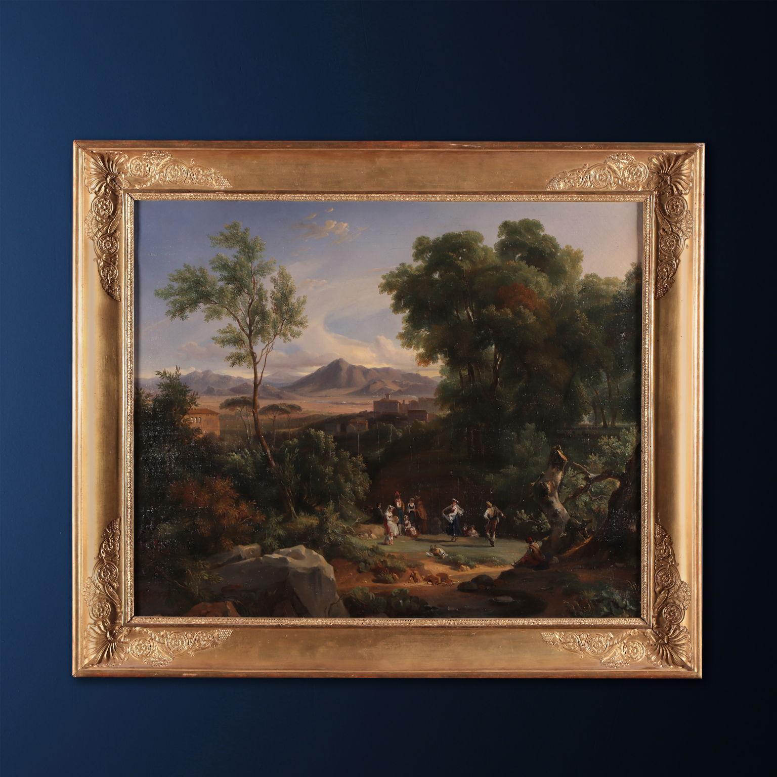 The oil on canvas depicts a view of the town of Frascati with plains and mountains in the background. Serving as an architectural backdrop is a natural wooded landscape with tall trees, while boulders and earthy paths are in the foreground. In the