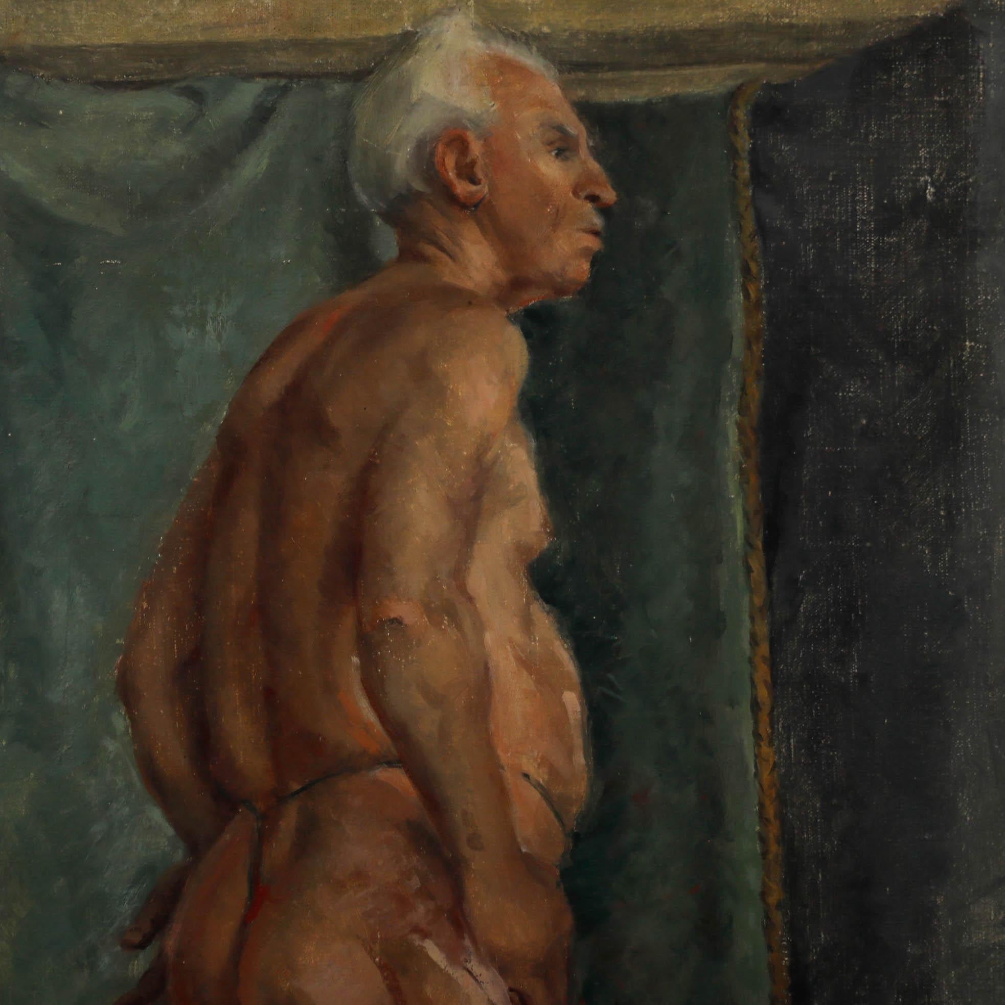 Une étude de vie charismatique d'un modèle masculin debout, tournant le dos à l'artiste. Signé faiblement en bas à droite. Nom de l'artiste inscrit au verso. Sur toile.