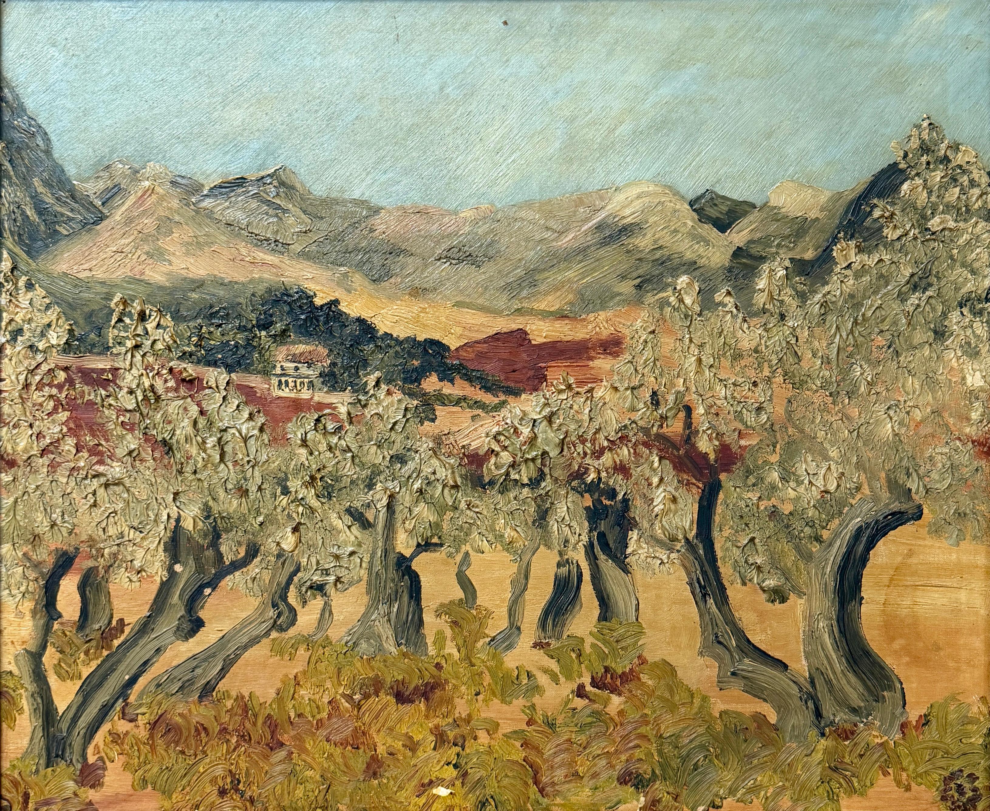 Unknown Landscape Painting – Olivenbäume an der Straße nach Oriente-Bunola (Mallorca, Balearen)