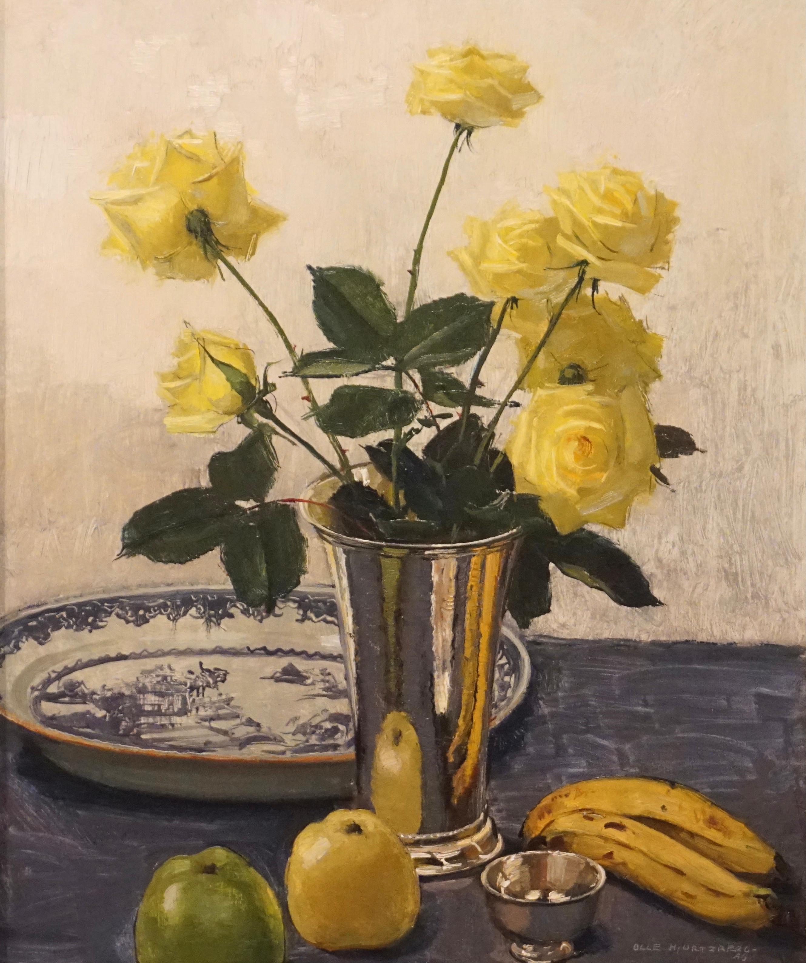 Olle Hjortzberg (Swedish, 1872-1959)
Stilleben met gula rosor (Still life with yellow roses), 1946
Oil on Masonite

Sight: 25-1/2 x 21-1/4 inches (64.8 x 54.0 cm)
Framed: 35 X 30.25 X 2.5 Inches

Signed and dated lower right: Olle Hjortzberg /
