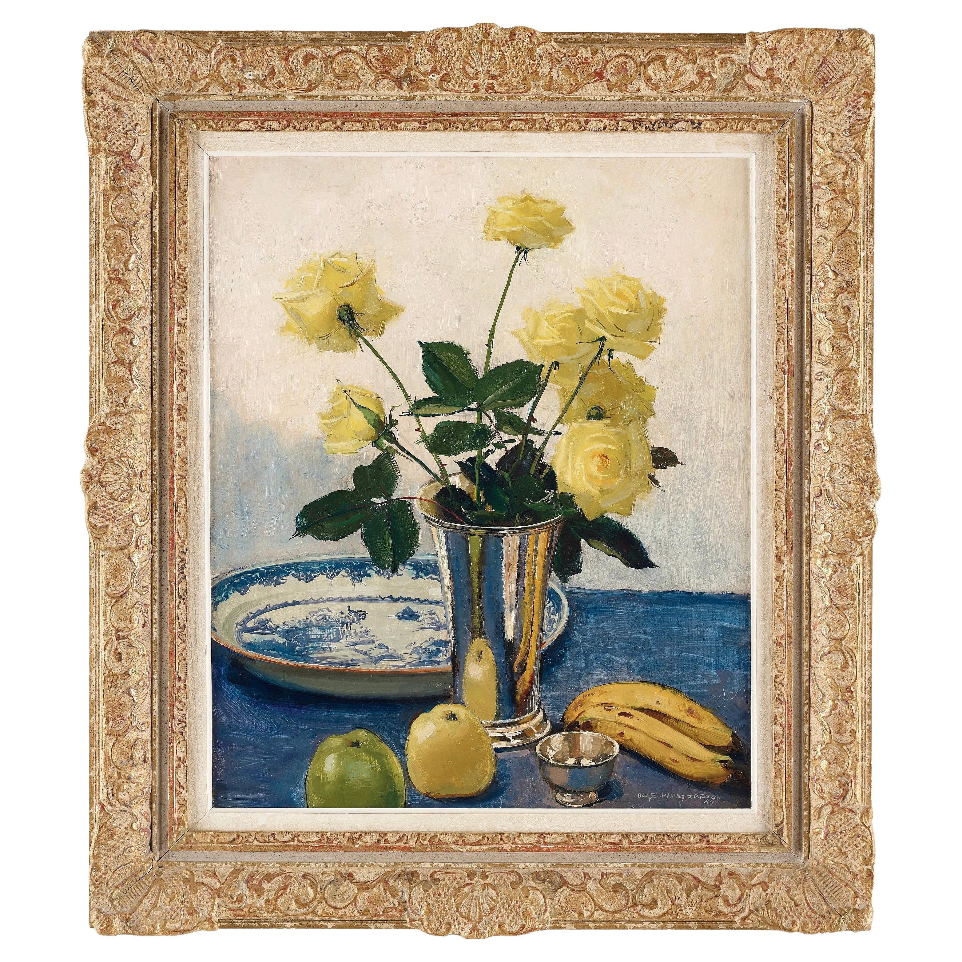 Still-Life Painting di Unknown - Olle Hjortzberg Natura morta con rose gialle, 1946
