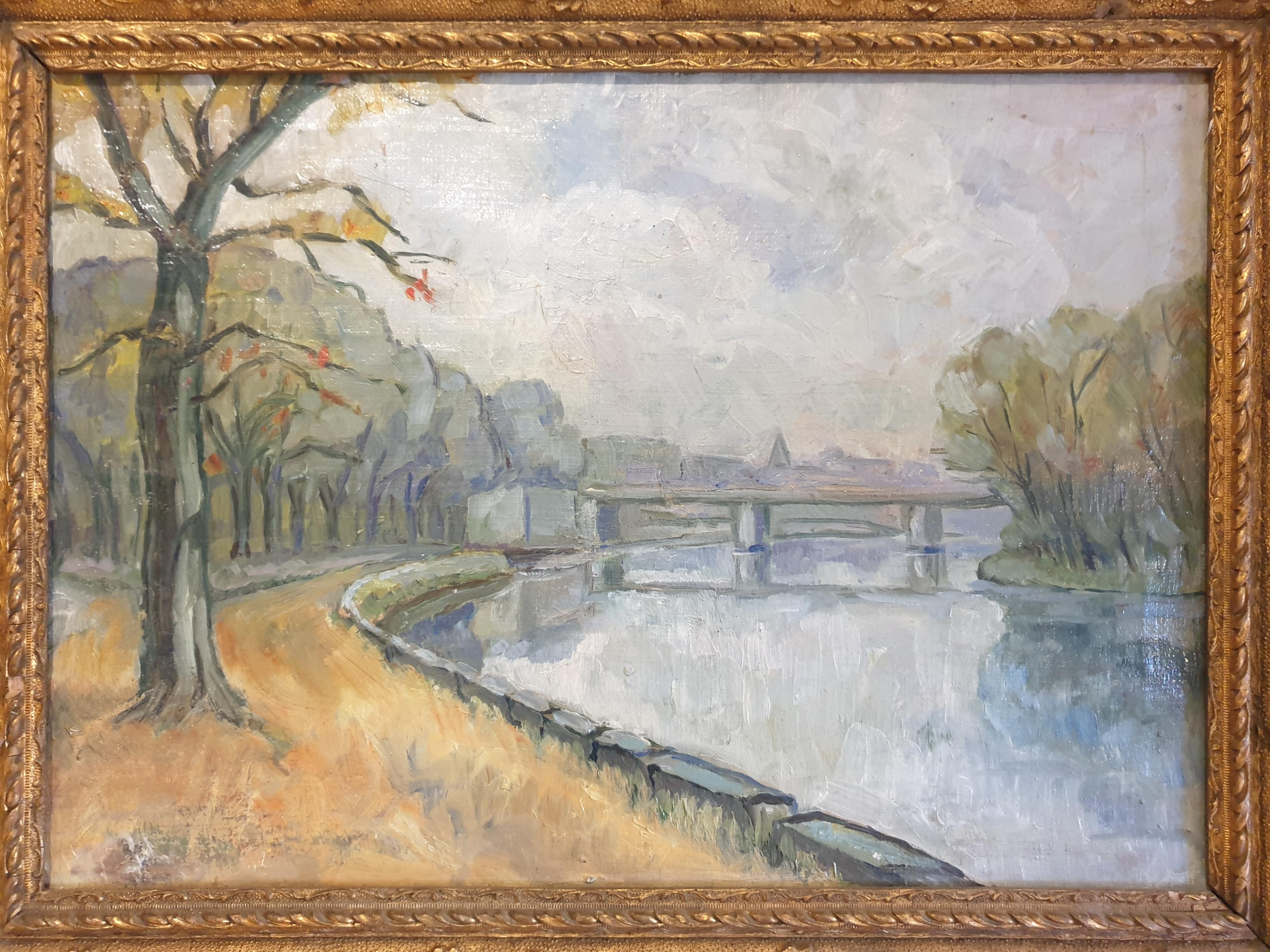 French Impressionist Landscape, On the Banks of the Seine. - Painting by Unknown