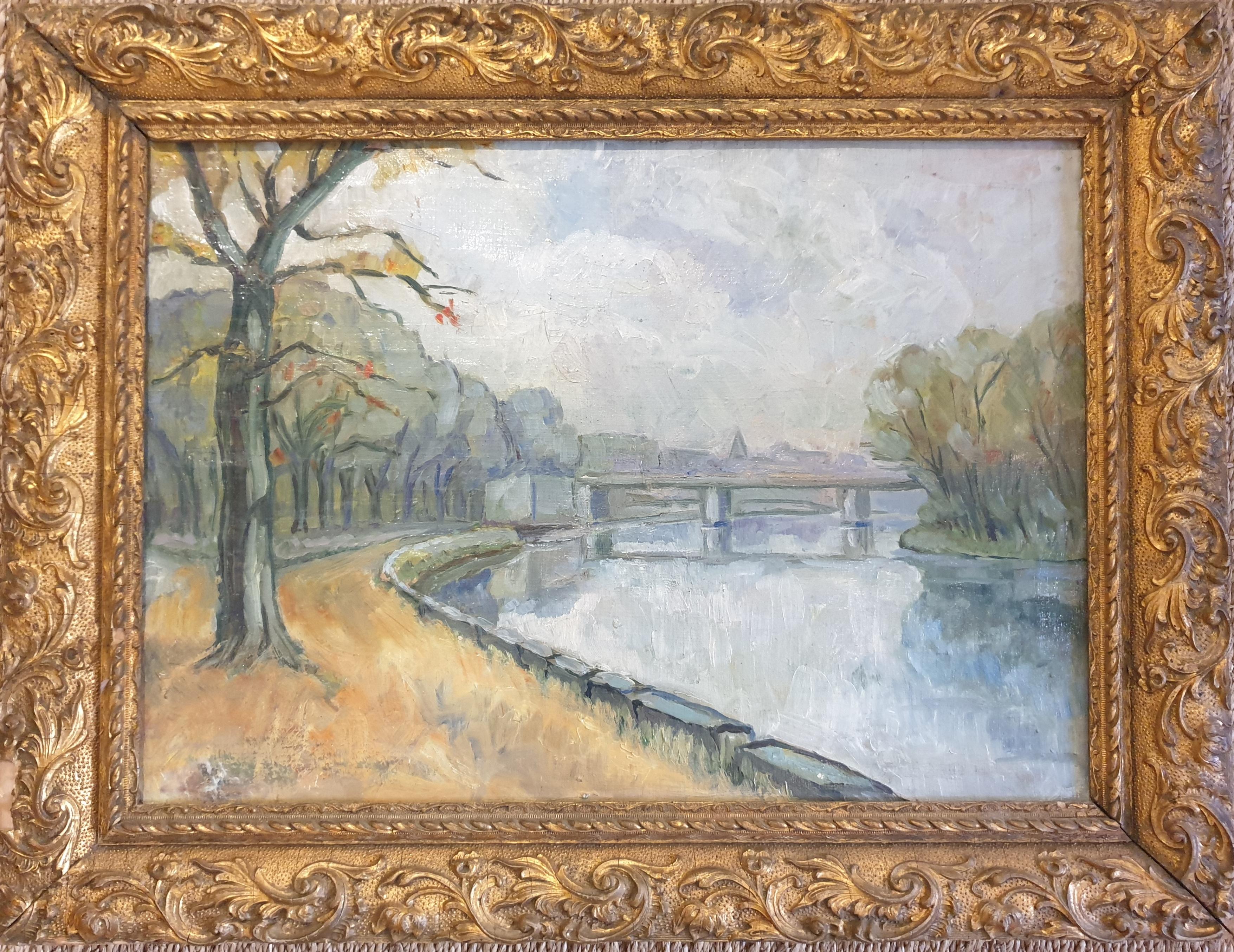 Unknown Landscape Painting - Early 20th Century French Impressionist Landscape, 'On the Banks of the Seine'.
