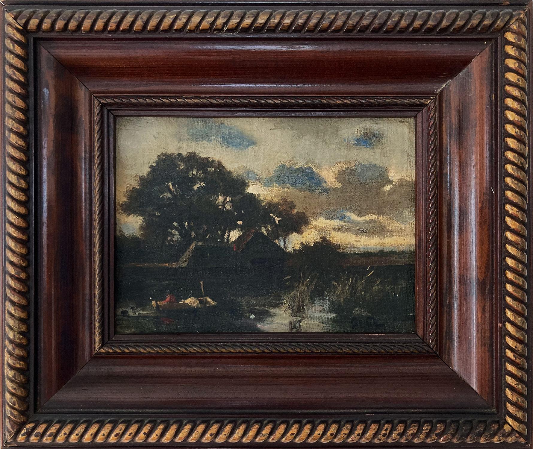 Portrait Painting di Unknown - "Sul lago" Pittura ad olio americana del XX secolo nello stile di Camille Carot