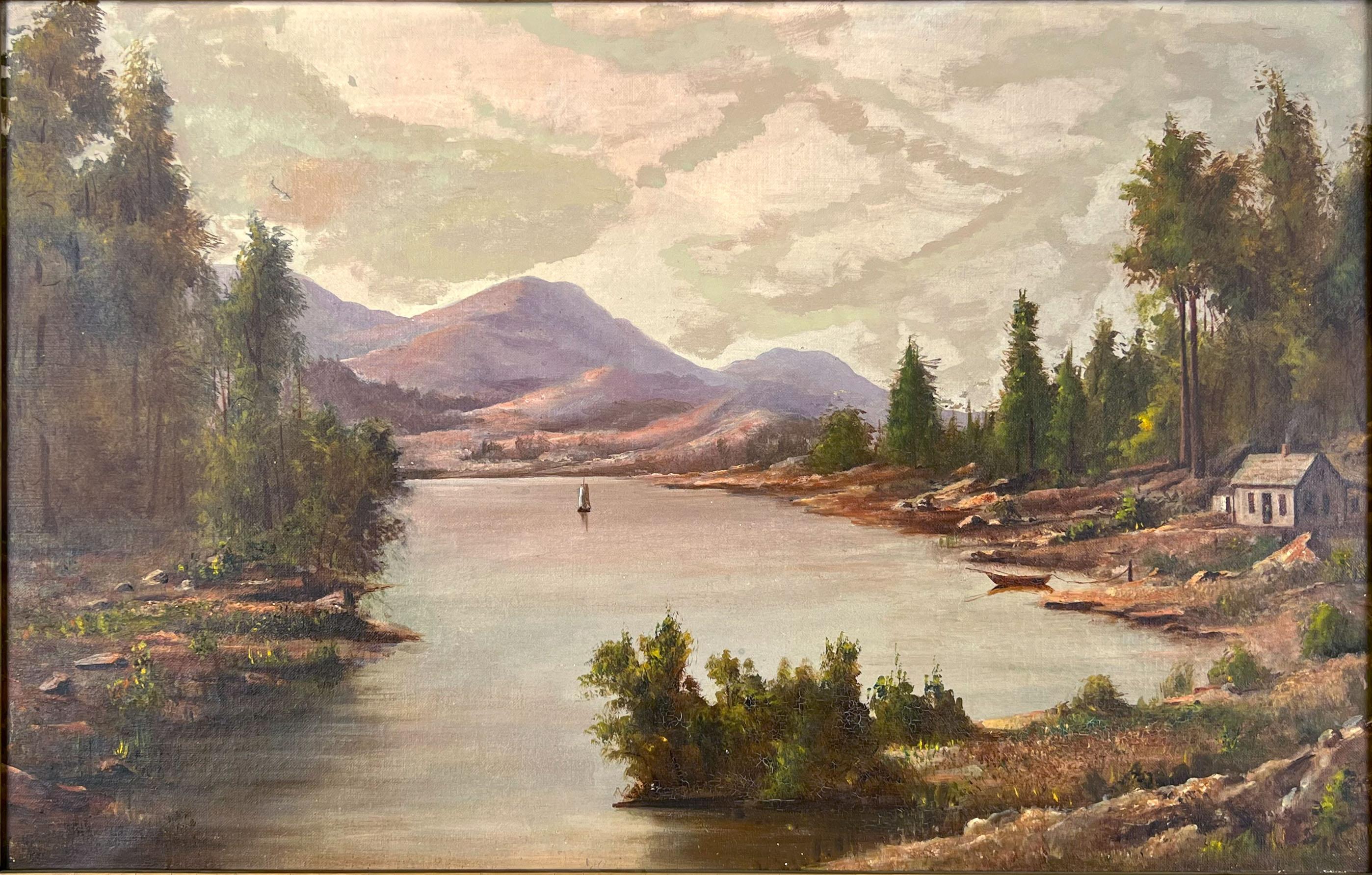 Hudson River School circa 1890s Original Oil Painting

A classic Hudson River School style painting of the Hudson River area lake. Spring clouds move over a mountain lake with rolling hills in background. A sailboat meandering on calm cool water and