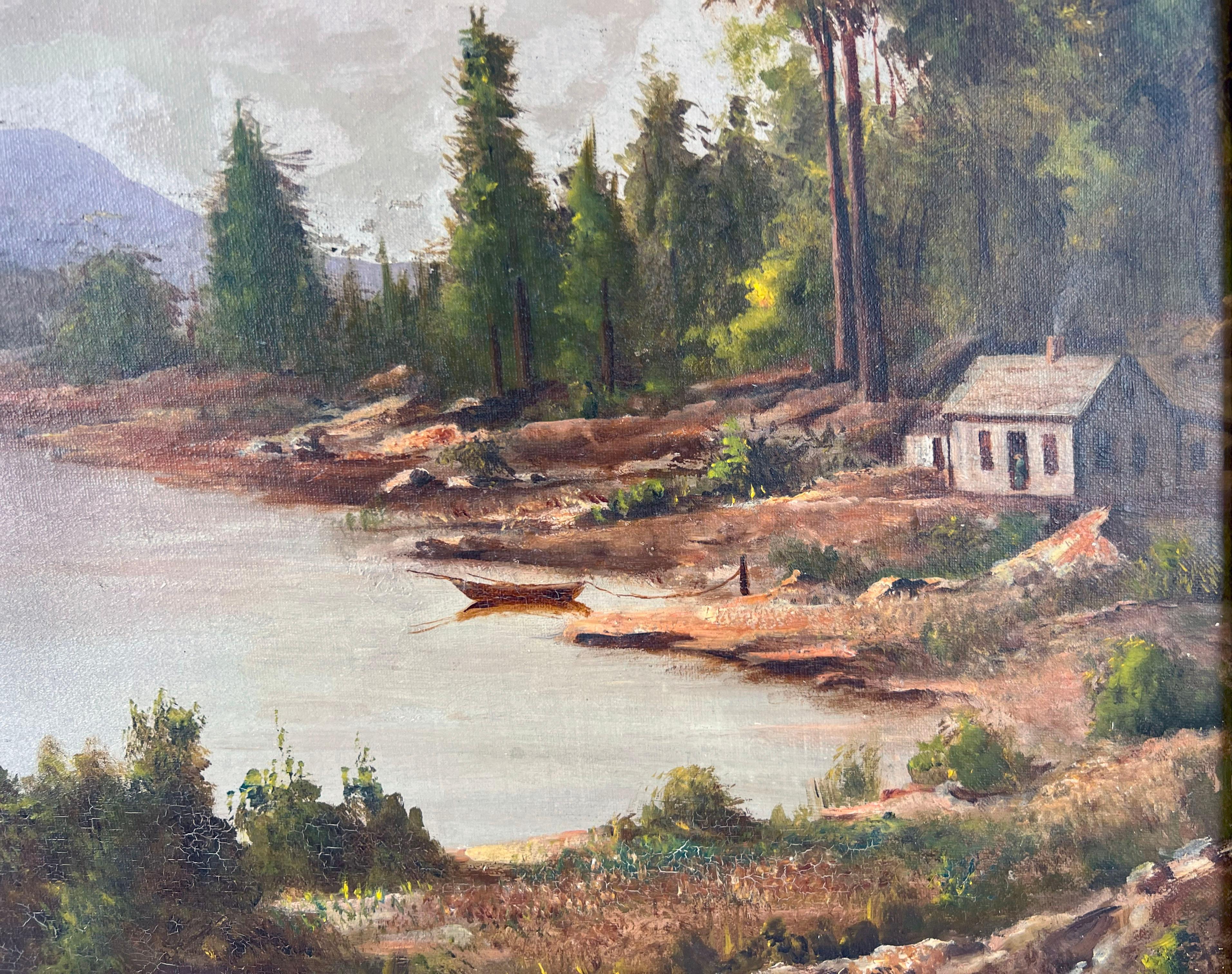 Hudson River School circa 1890s Original Oil Painting — On the Lake 1