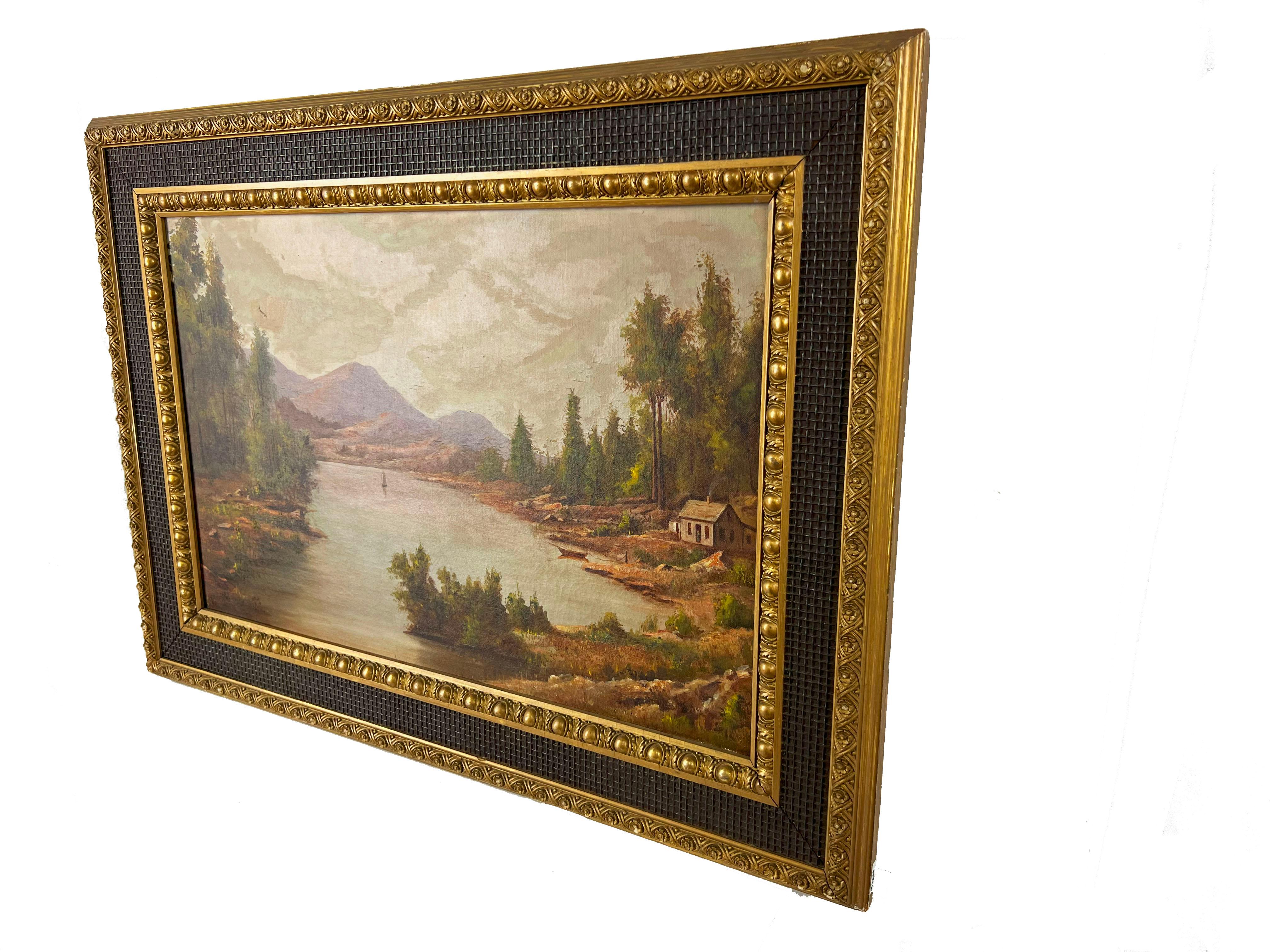 Hudson River School circa 1890s Original Oil Painting — On the Lake 2