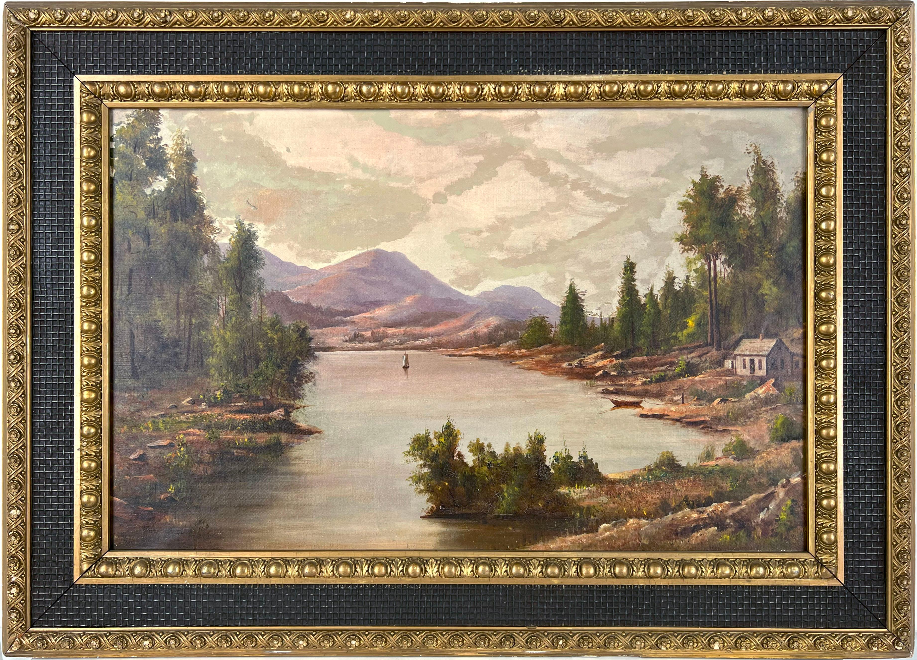 Unknown Landscape Painting - Hudson River School circa 1890s Original Oil Painting — On the Lake