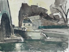 On The River, technique mixte sur papier - Scène colorée de la ville de Paris