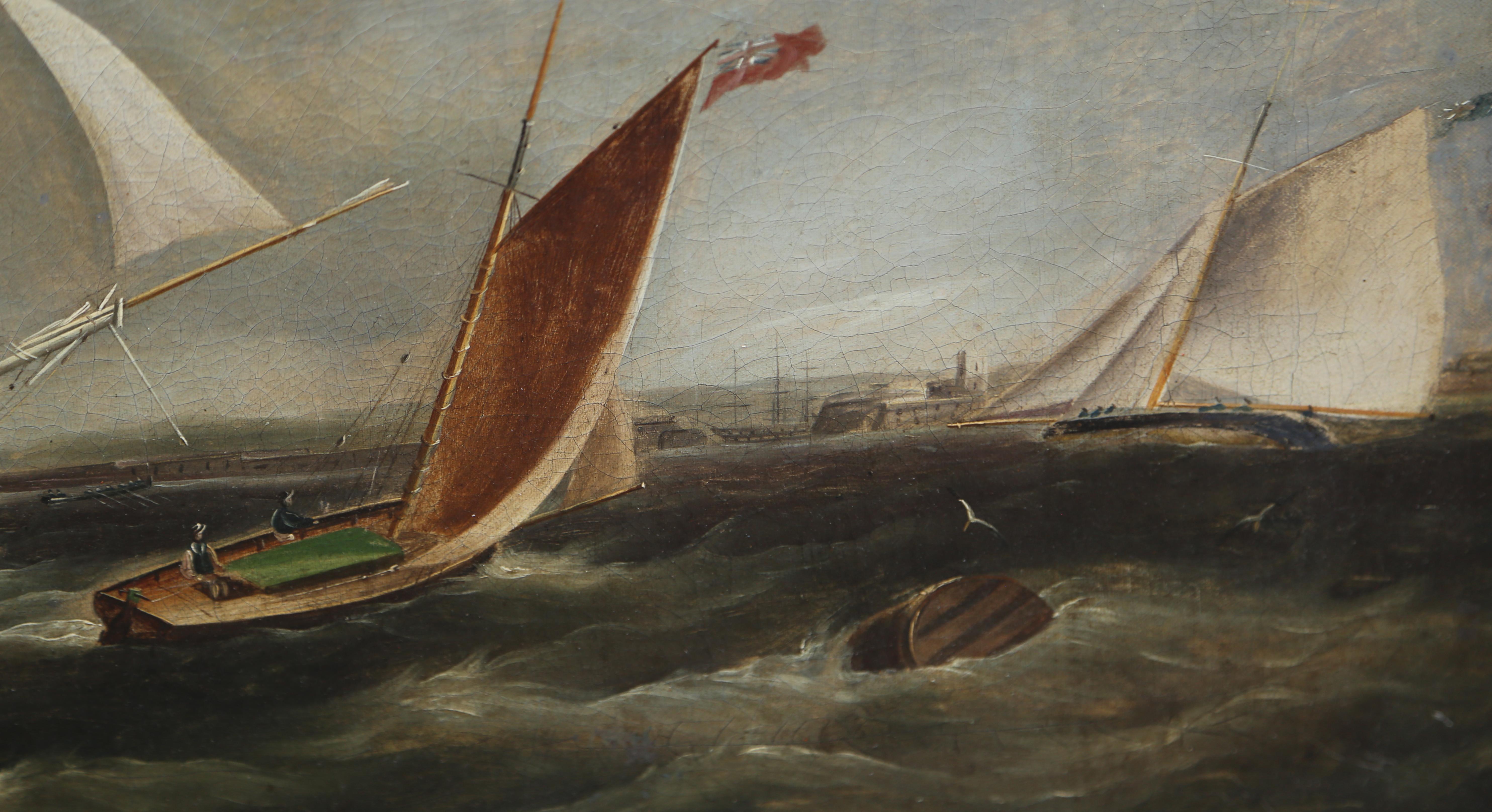 Oncoming Storm, Framed Realist Nautical Oil Painting on Canvas - Gray Landscape Painting by Unknown