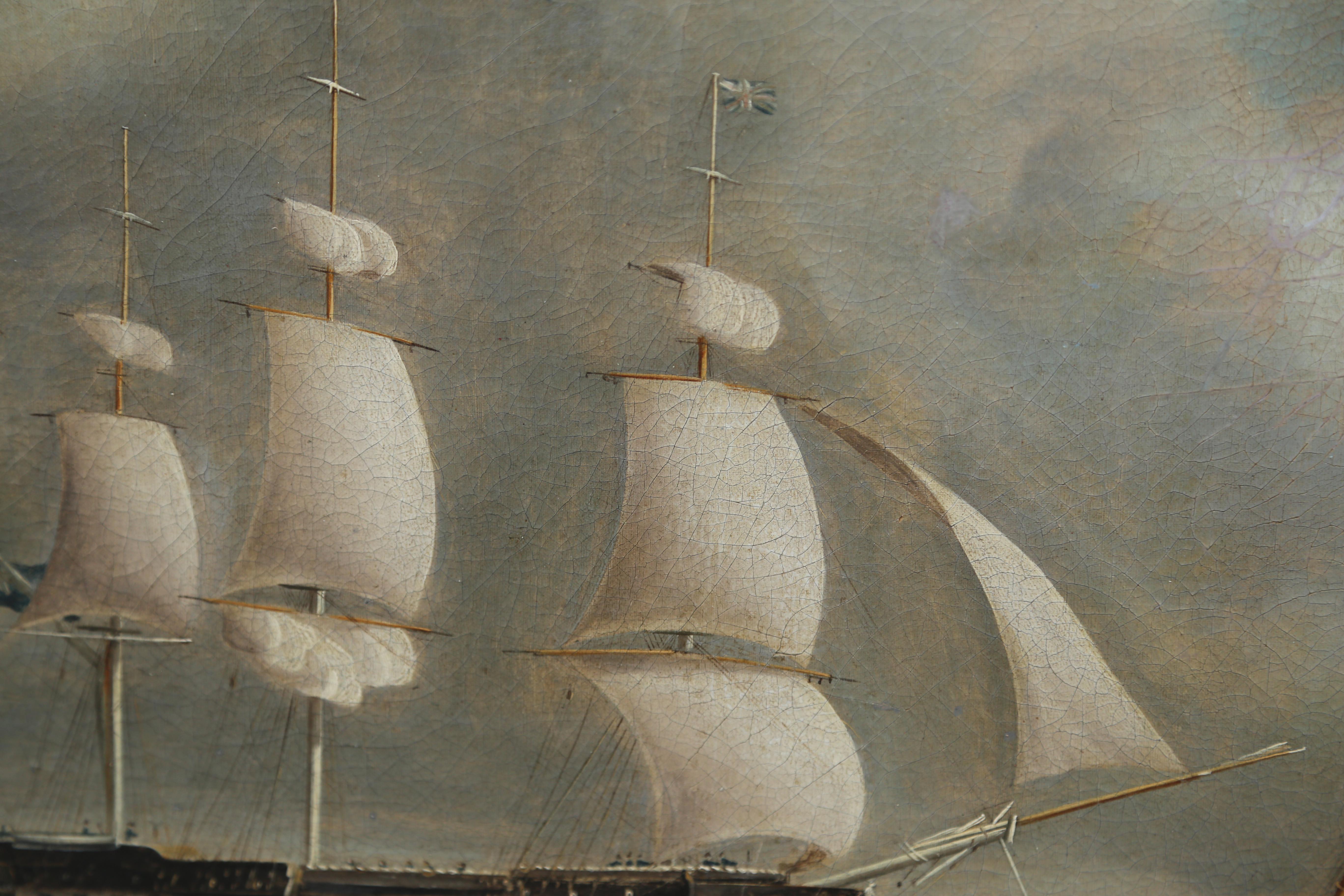 A pre-20th Century painting of a British Ship-of-the-Line near the harbor.  Part of her compliment heads to shore in a skiff.  A small merchant ship and light vessel flank her in the rough harbor waves.  The canvas measures 26 x 30 inches and the