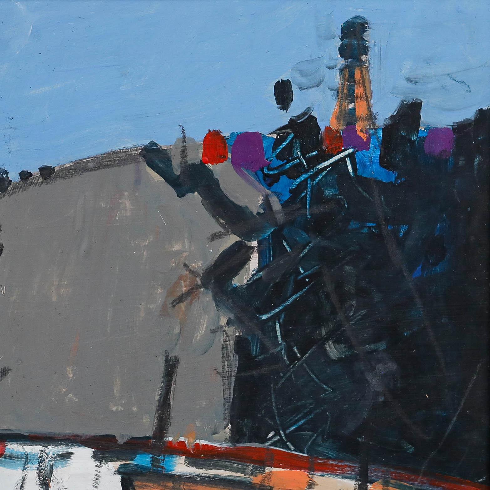 Onslow Sykes (1953-2017) Newlyn School, Öl auf Karton. Vertäute Boote, Newlyn. Präsentiert in einem bemalten Holzrahmen. Nicht signiert. (Provenienz: Lay's Auctioneers, Cornwall). Bildgröße: 32 x 39,5 cm.