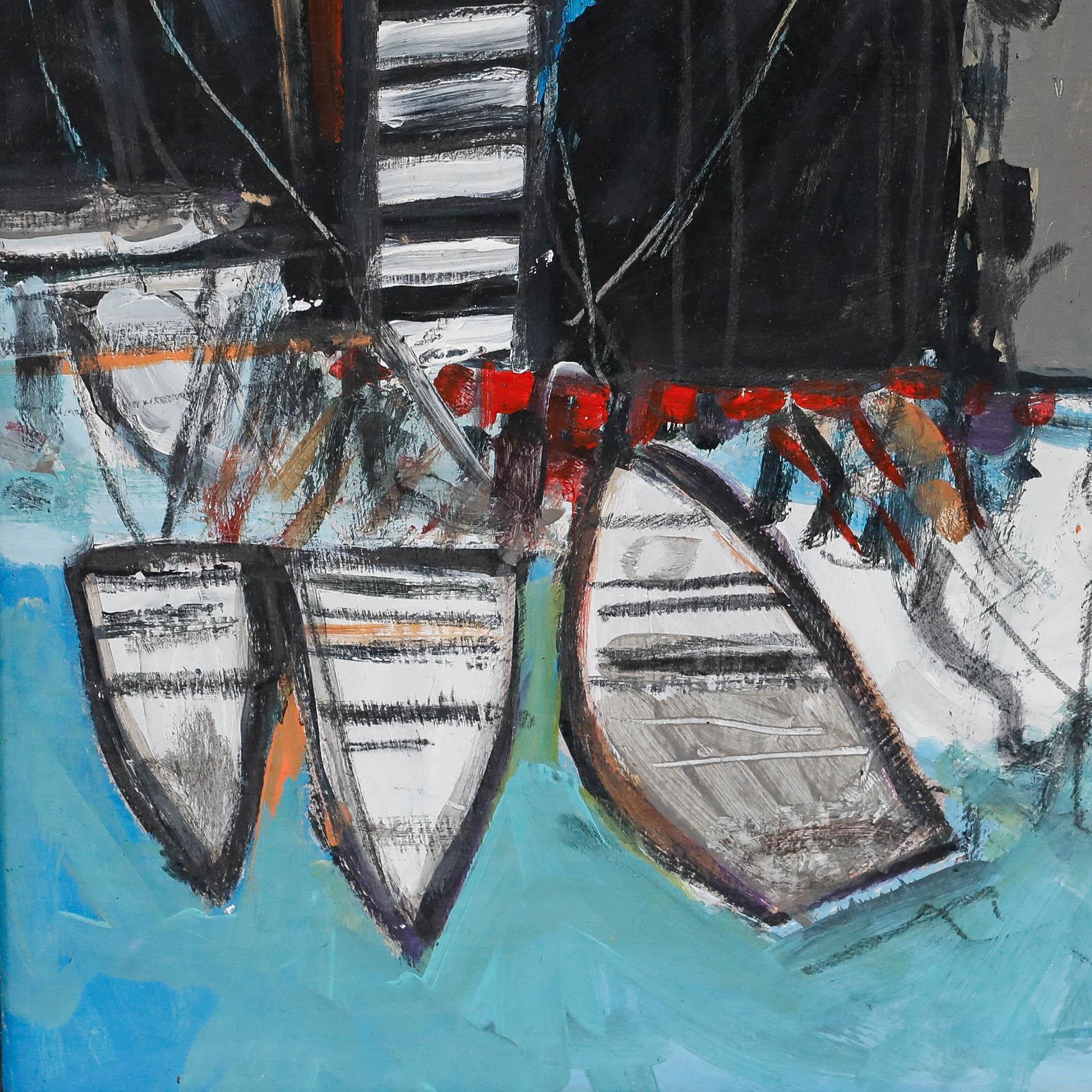 Onslow Sykes (1953-2017) - Gerahmtes Öl des 20. Jahrhunderts, Vertäute Boote, Newlyn im Angebot 1