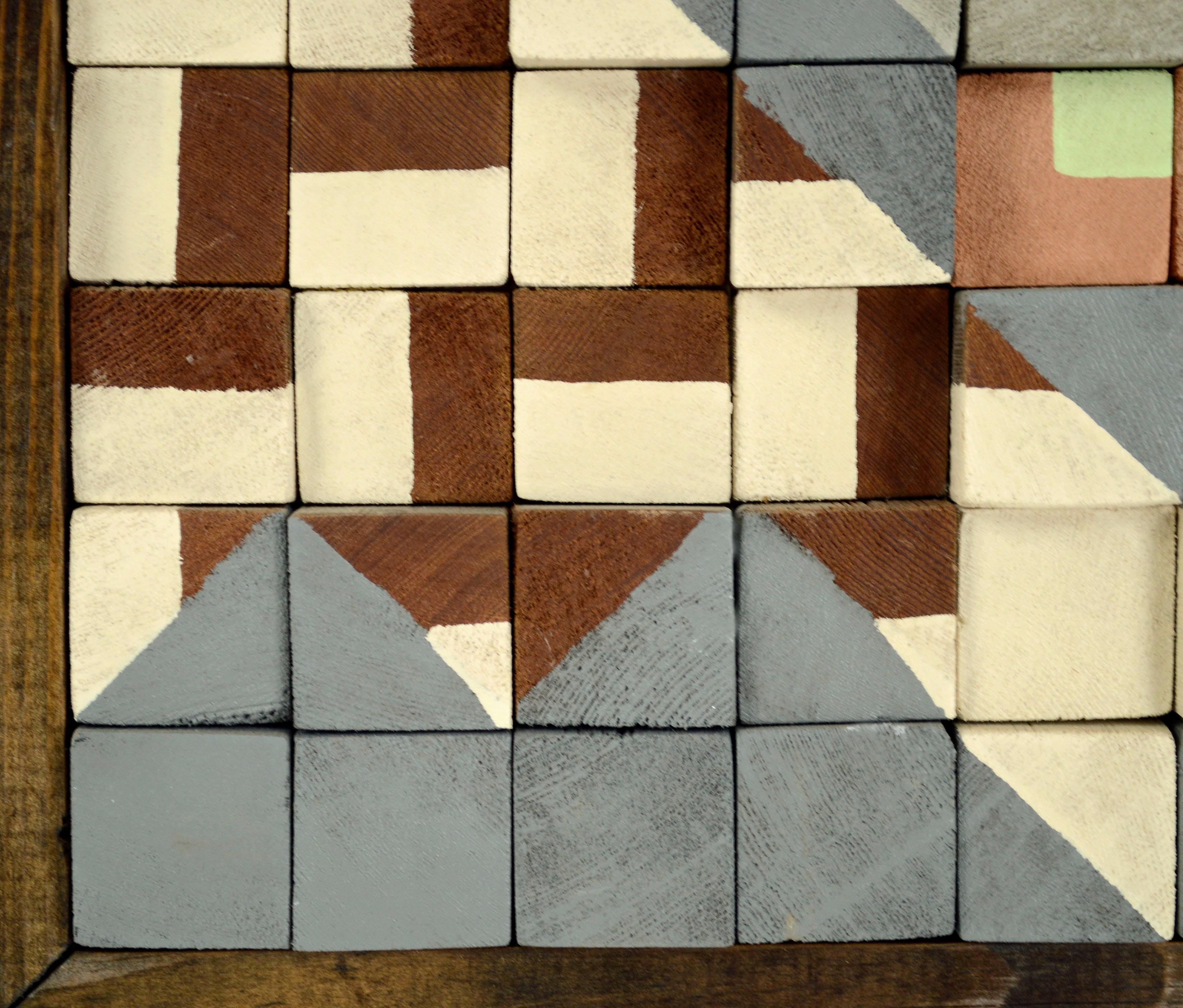 Op art Blocco di legno dipinto geometrico astratto, Arte murale contemporanea - Abstract Painting Marrone di Unknown