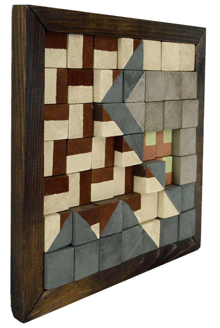Op art Abstract Geometric Painted Wooden Block, Contemporary Wall Art  For Sale 1