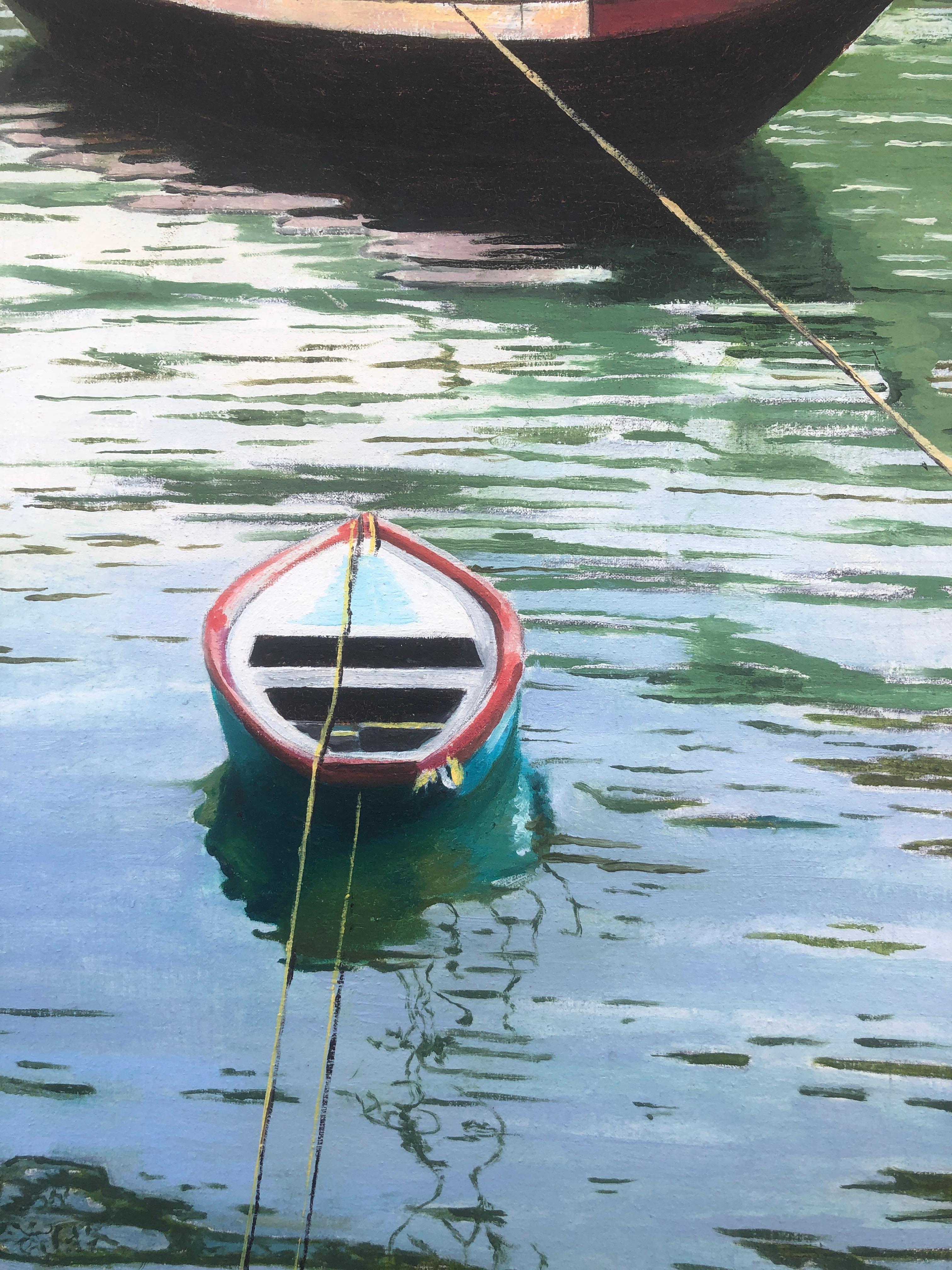 Oporto Portugal oil on canvas painting seascape boats - Photorealist Painting by Unknown