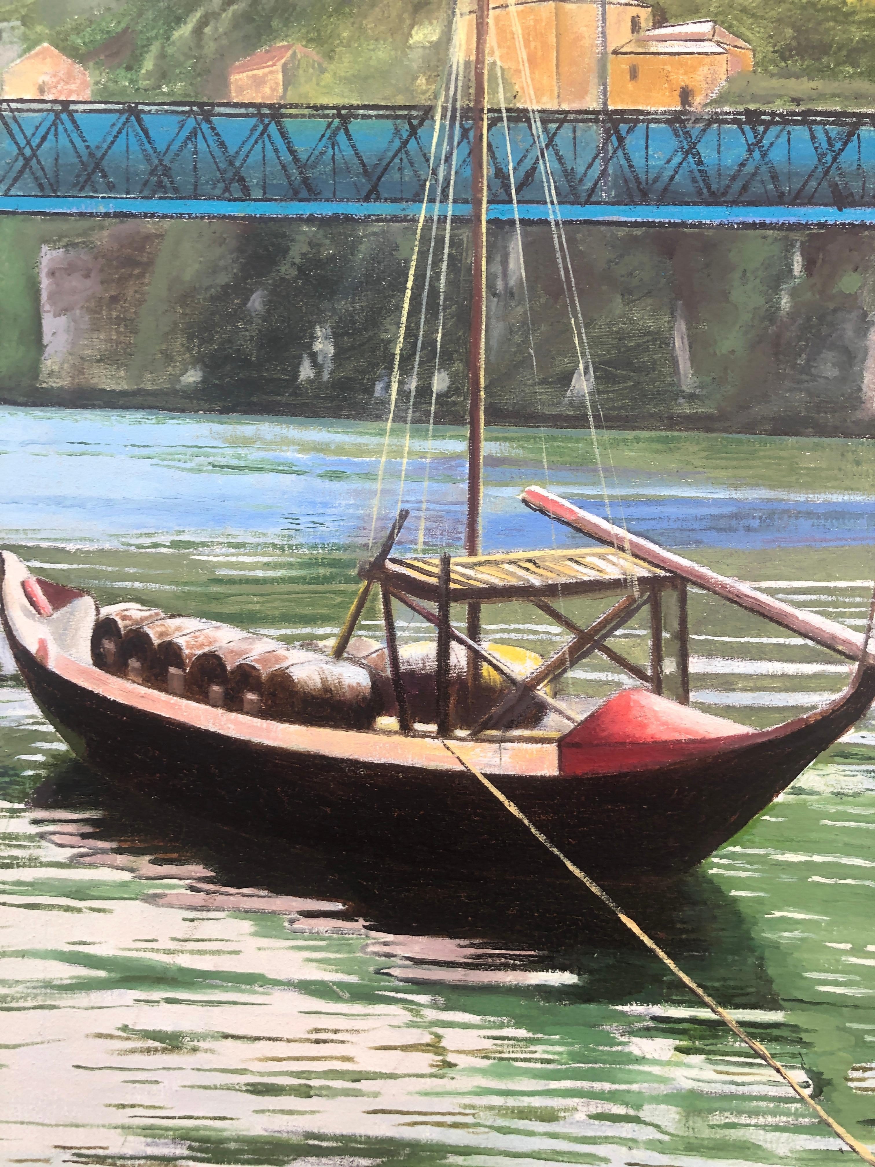 Oporto Portugal oil on canvas painting seascape boats - Black Landscape Painting by Unknown