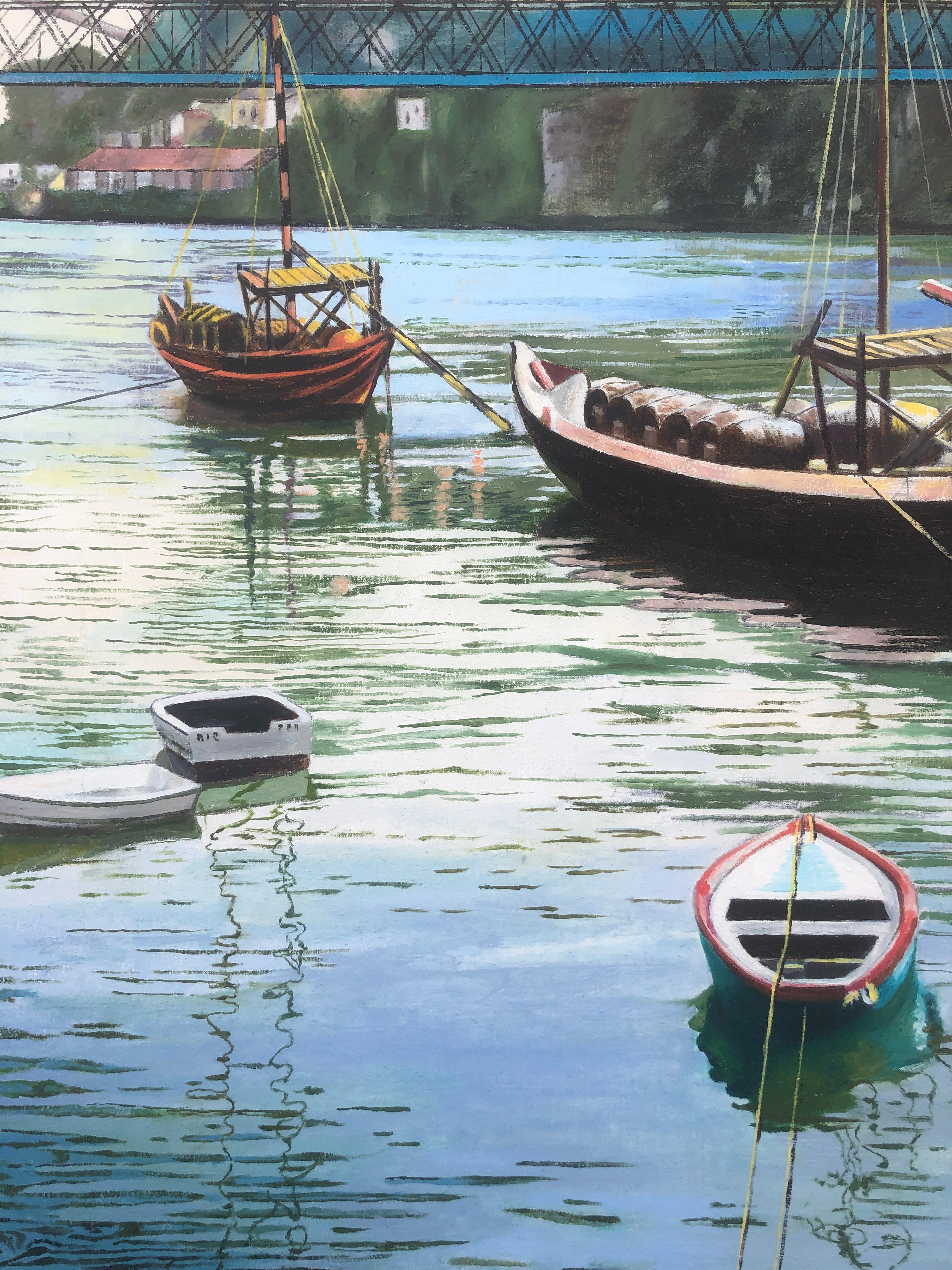 Oporto Portugal oil on canvas painting seascape boats For Sale 2