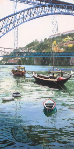 Oporto Portugal oil on canvas painting seascape boats