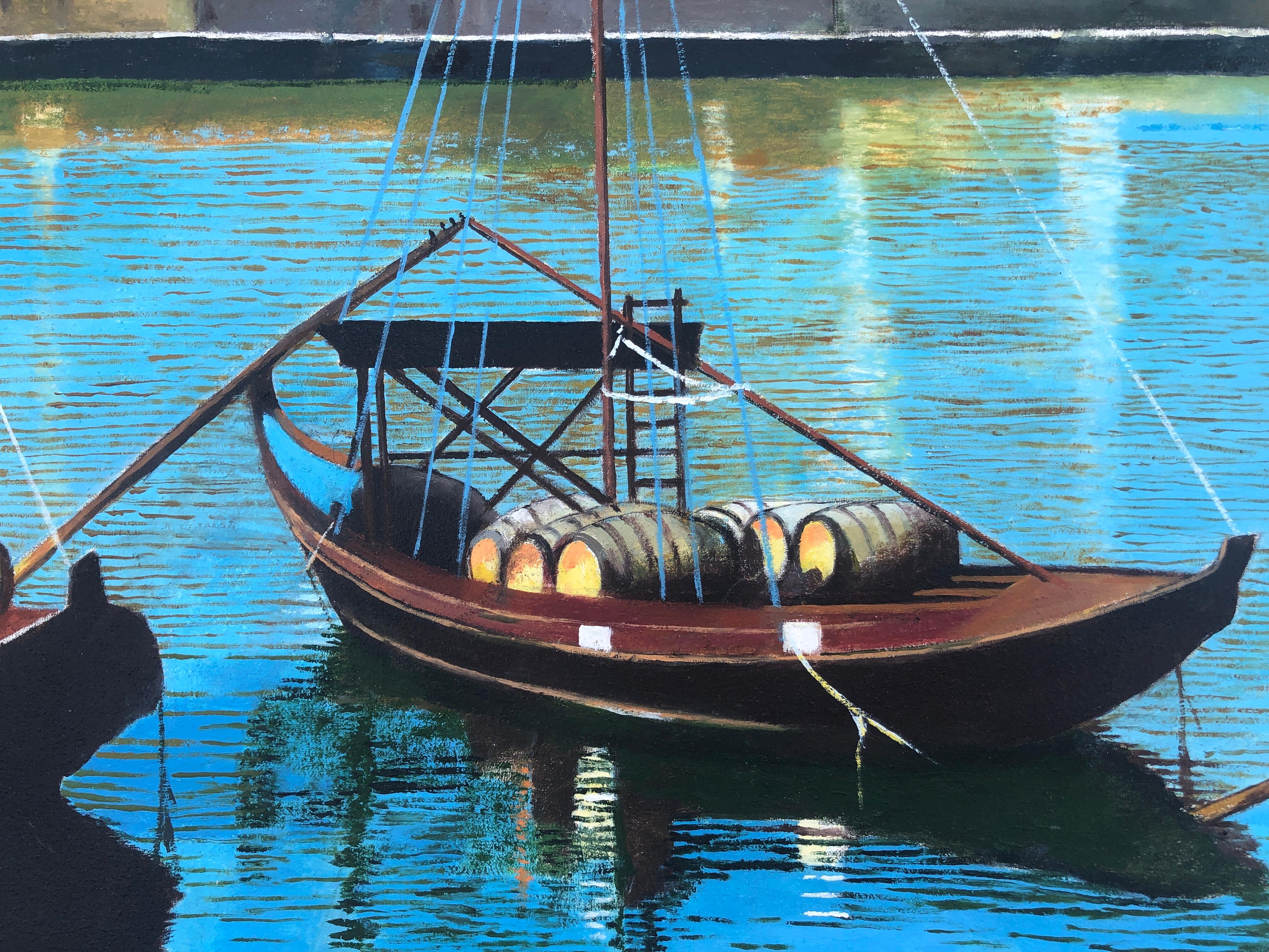 Oporto Portugal óleo sobre lienzo pintura paisaje marino barcos Oporto - Painting Fotorrealista de Unknown