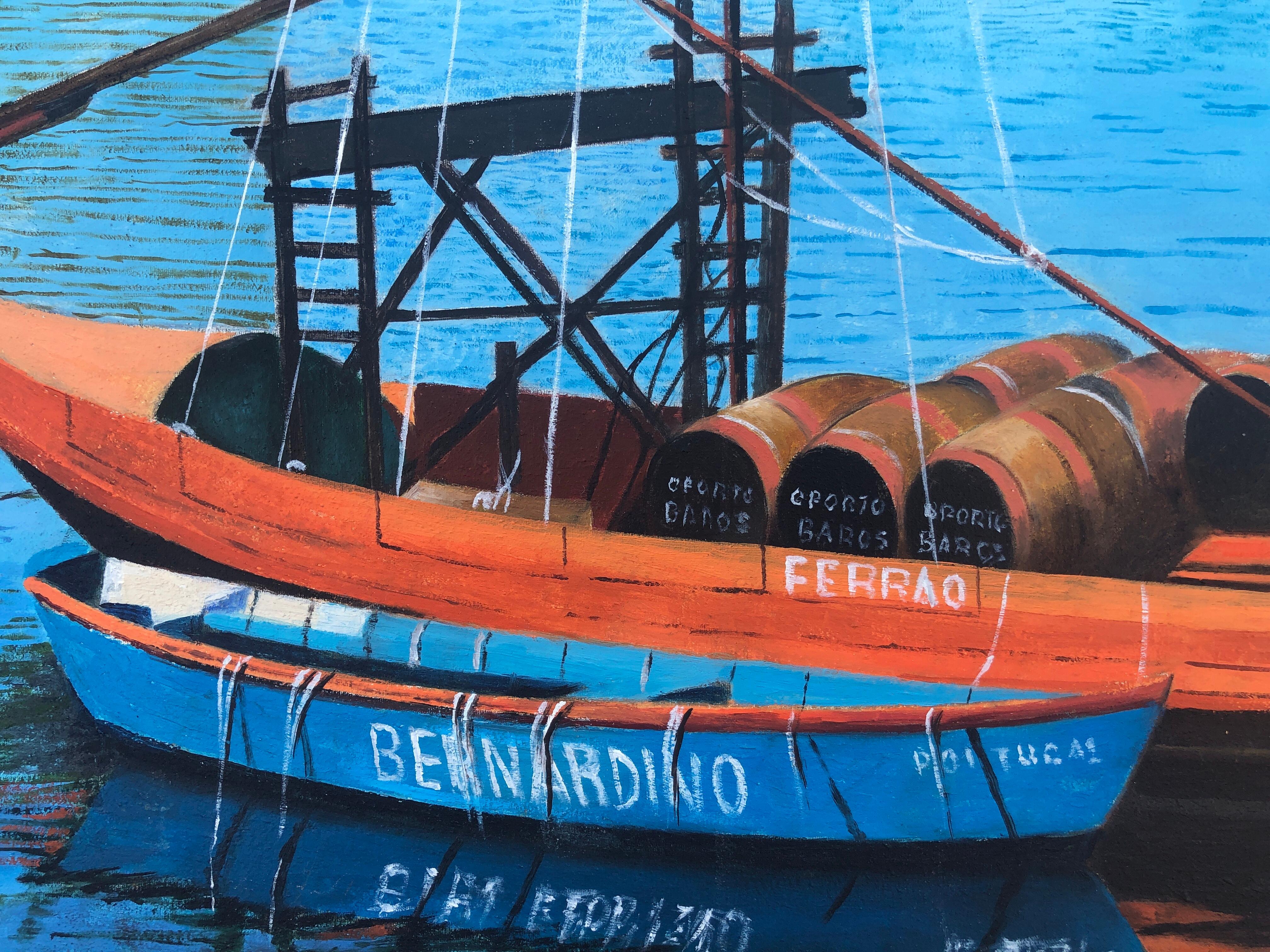 Oporto Portugal óleo sobre lienzo pintura paisaje marino barcos Oporto en venta 1