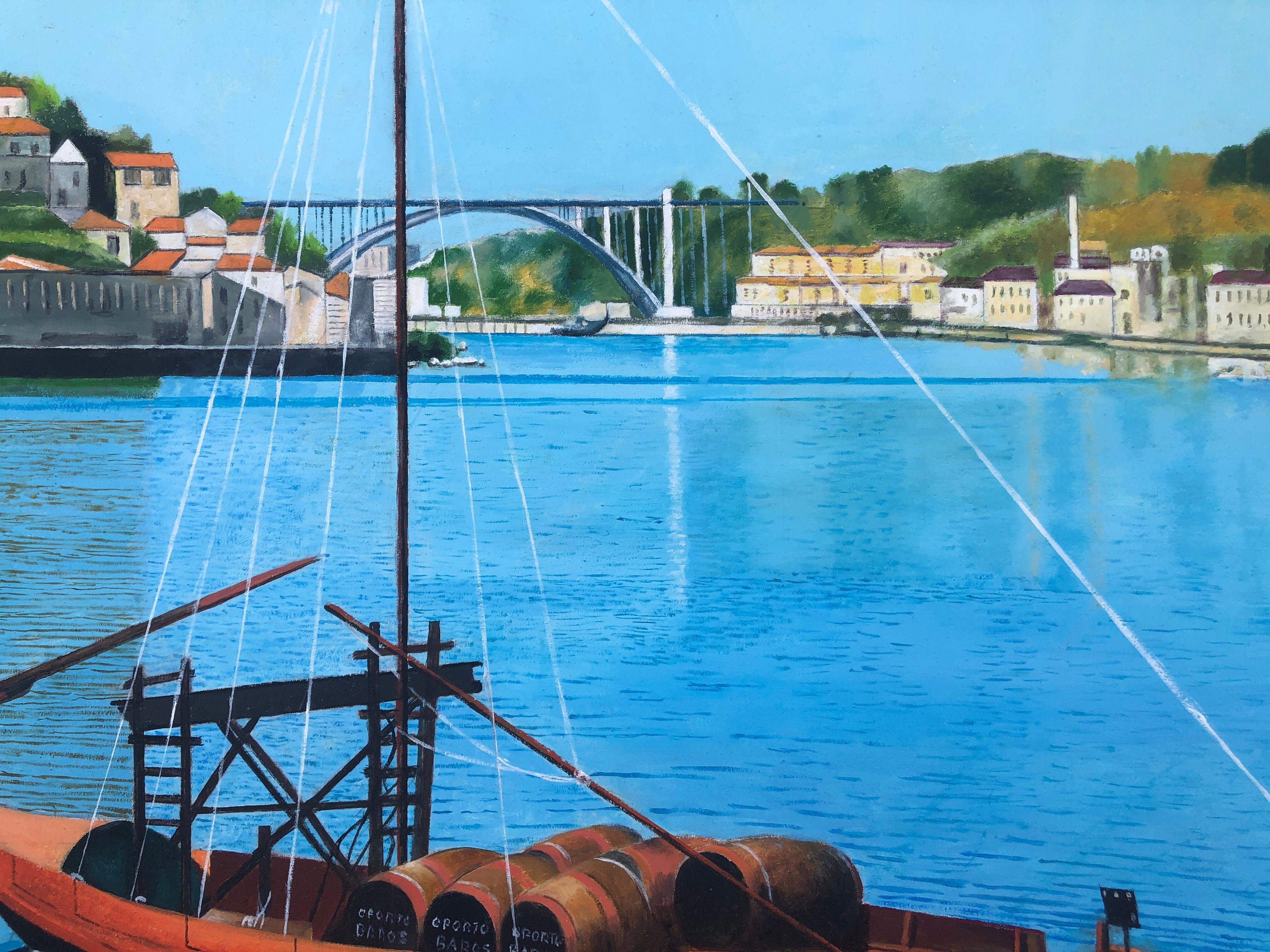 Oporto Portugal óleo sobre lienzo pintura paisaje marino barcos Oporto en venta 2