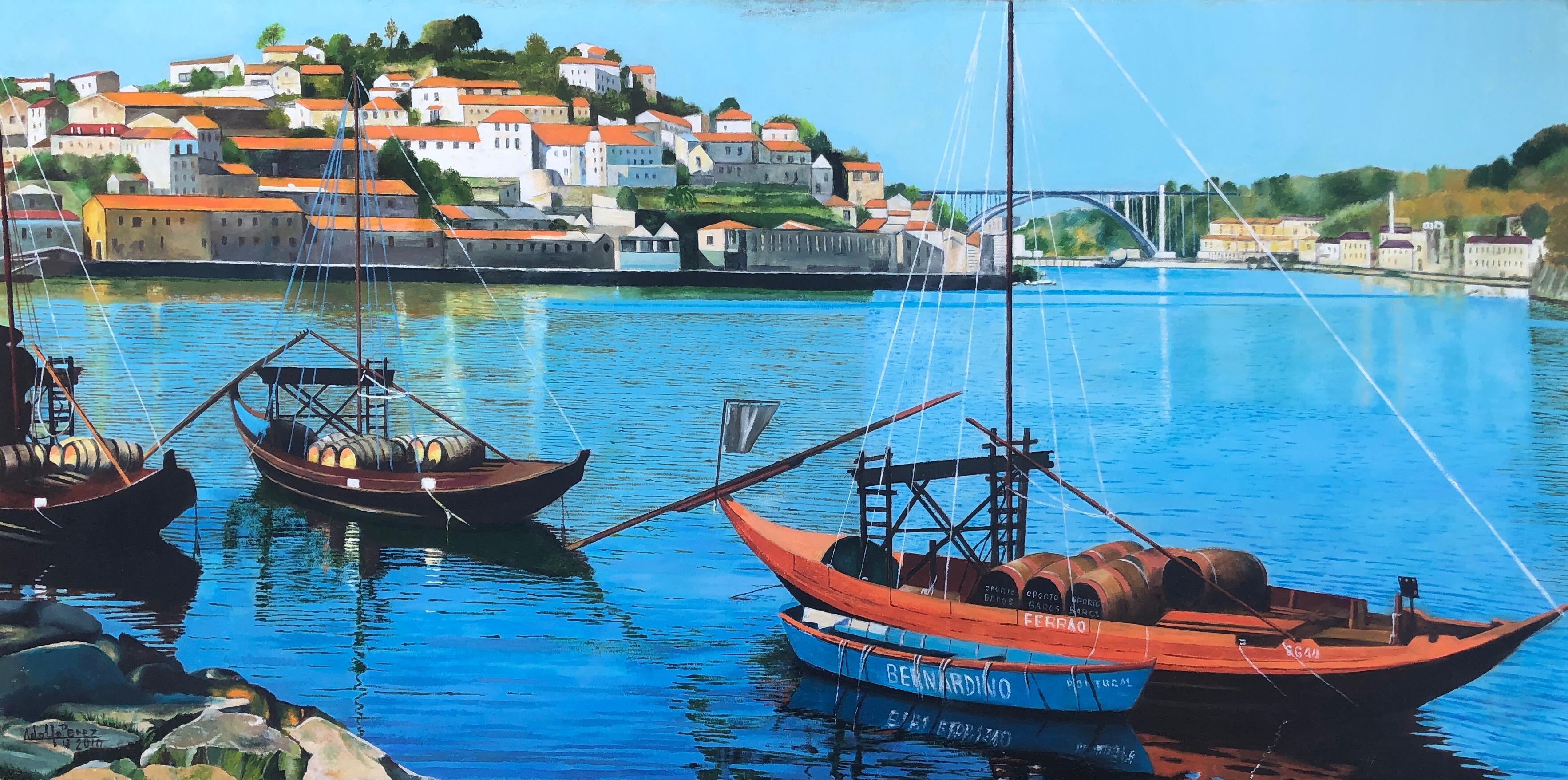 Landscape Painting de Unknown - Oporto Portugal óleo sobre lienzo pintura paisaje marino barcos Oporto