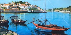 Oporto Portugal oil on canvas painting seascape boats Porto