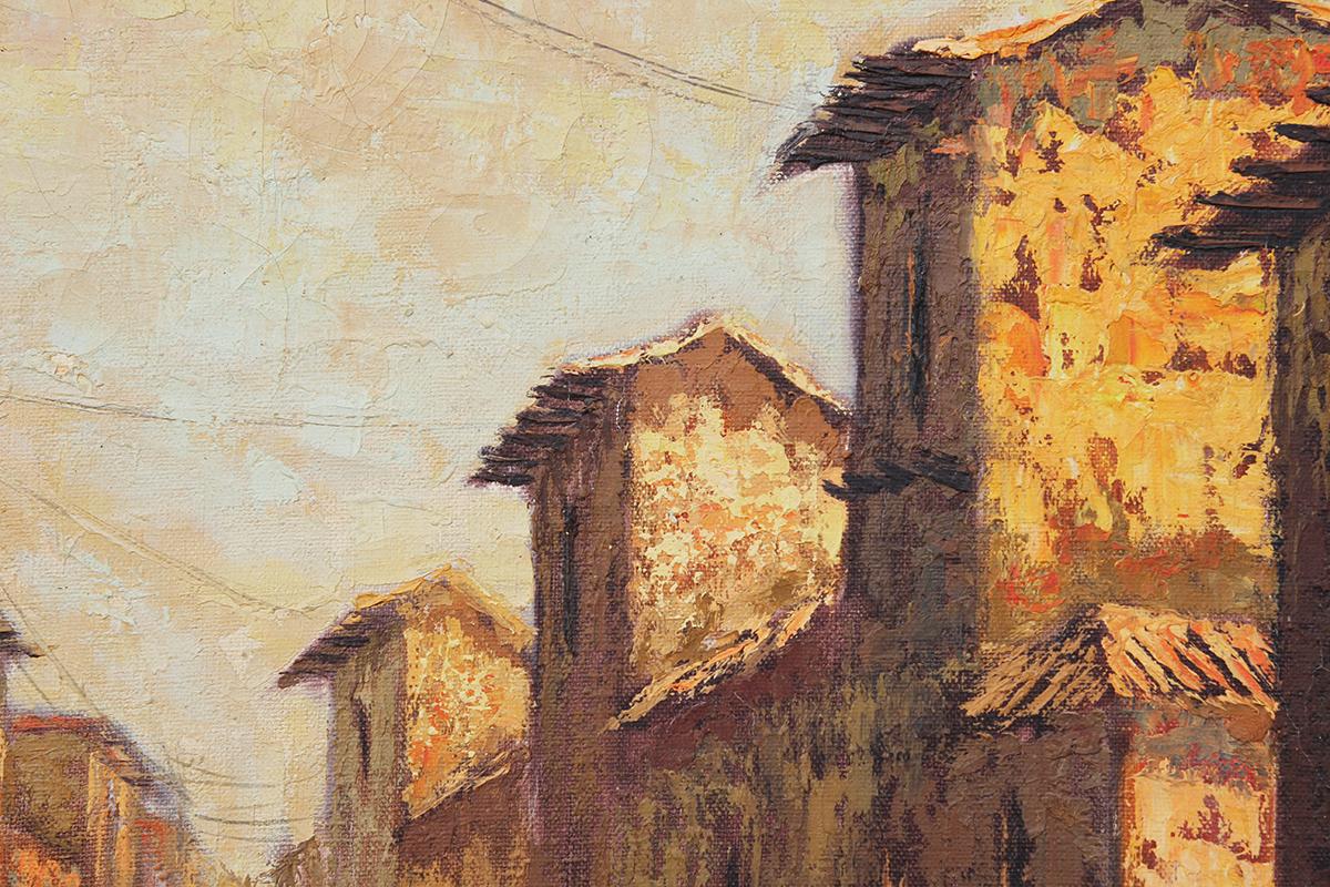 Orange and Yellow Toned Impressionist Village Landscape Sunset Scene - Black Landscape Painting by Unknown