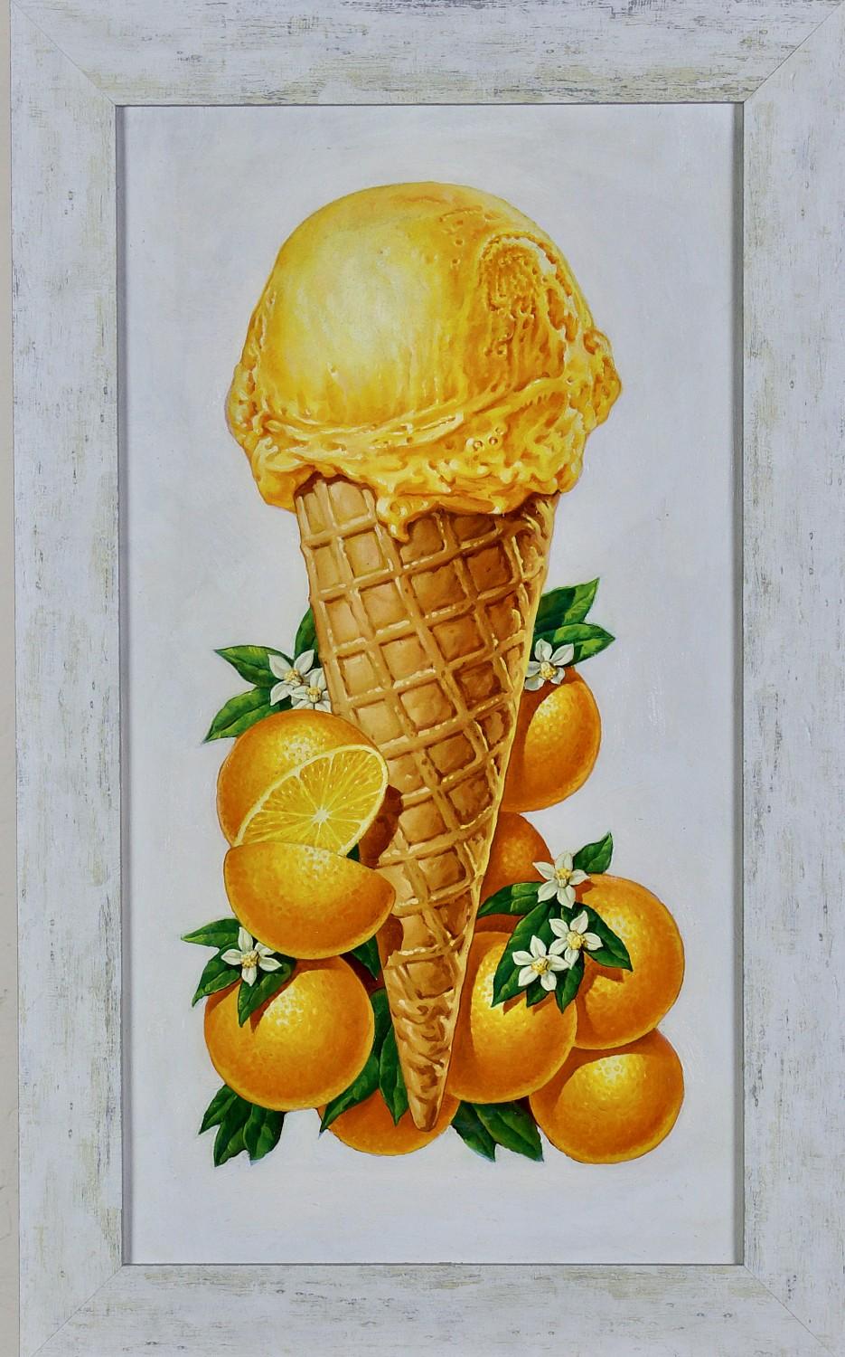 Unknown Still-Life Painting – Orangefarbener Eiscreme-Kegel mit Orangetönen – Lebensmittelillustration
