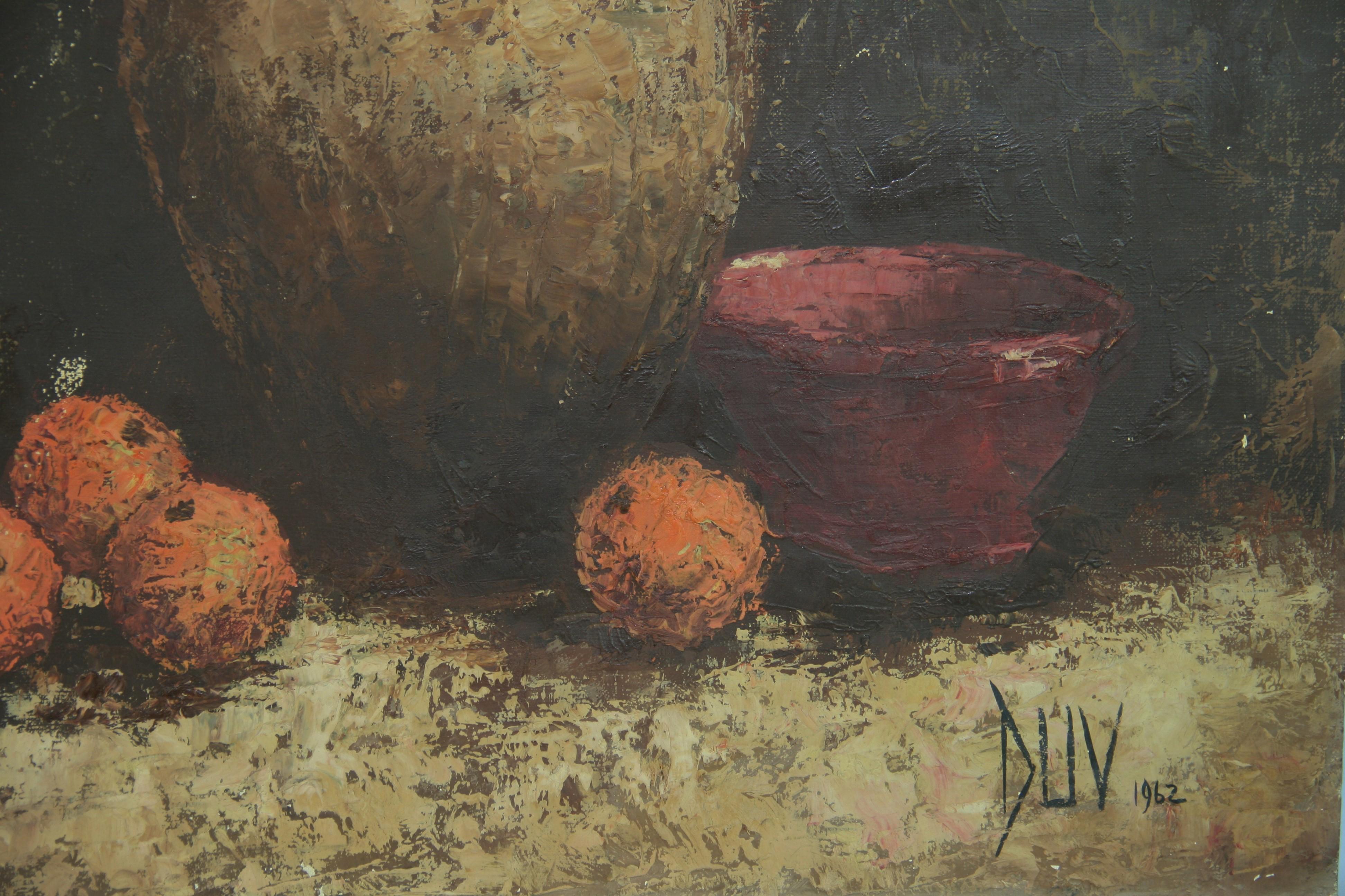Oranges and Pitcher Still Life by Duv 1962 - Brown Still-Life Painting by Unknown