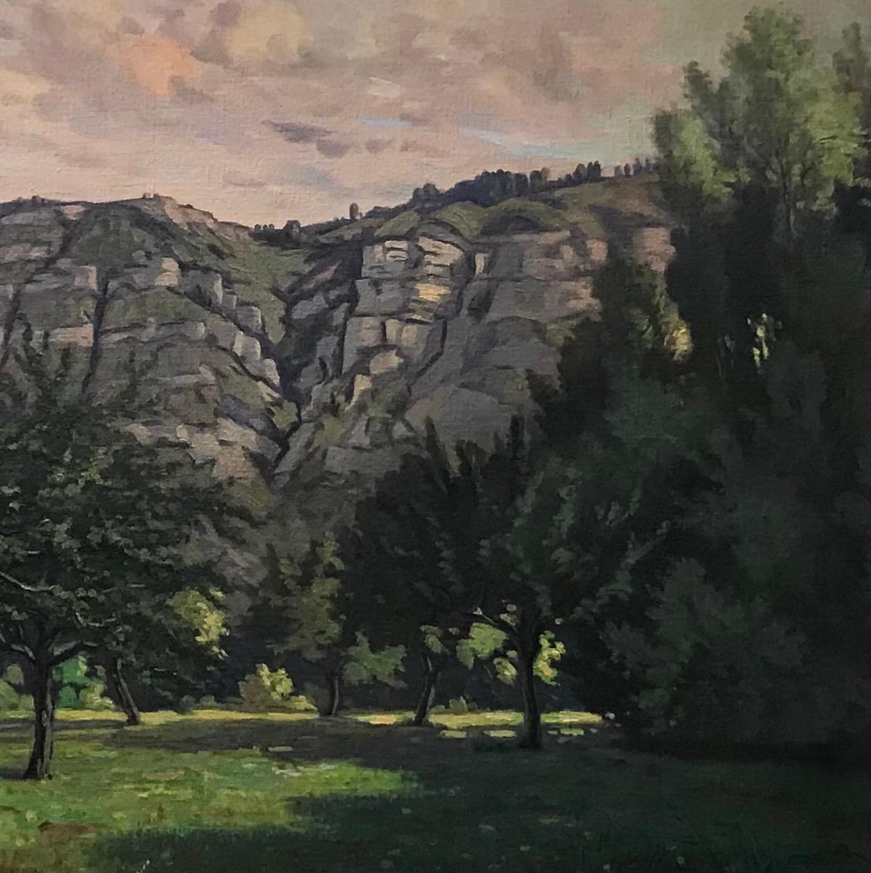 Orchard at the foot of Salève - Oil on canvas 61x81 cm - Black Landscape Painting by Unknown
