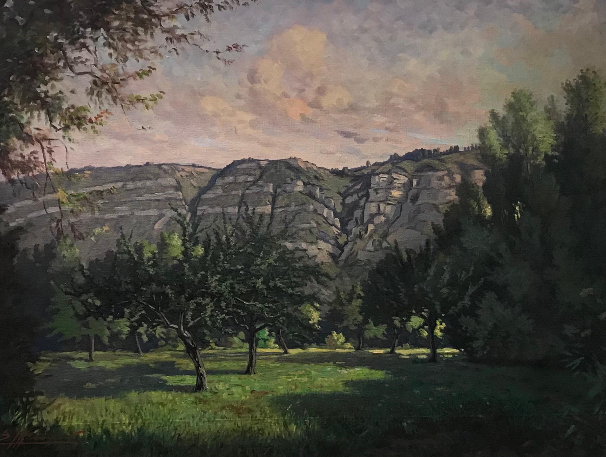 Unknown Landscape Painting - Orchard at the foot of Salève - Oil on canvas 61x81 cm