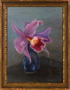 Orchidée dans un vase bleu - Huile sur panneau d'artiste