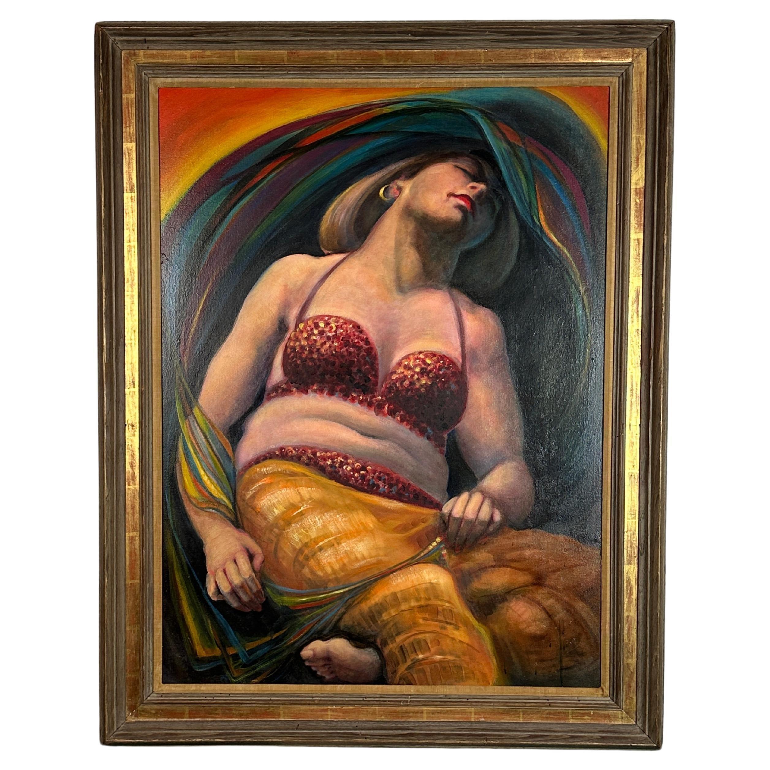 Unknown Portrait Painting – „Oriental Dancer Asleep“ Großes Acrylporträt auf Leinwand signiert Lloyd