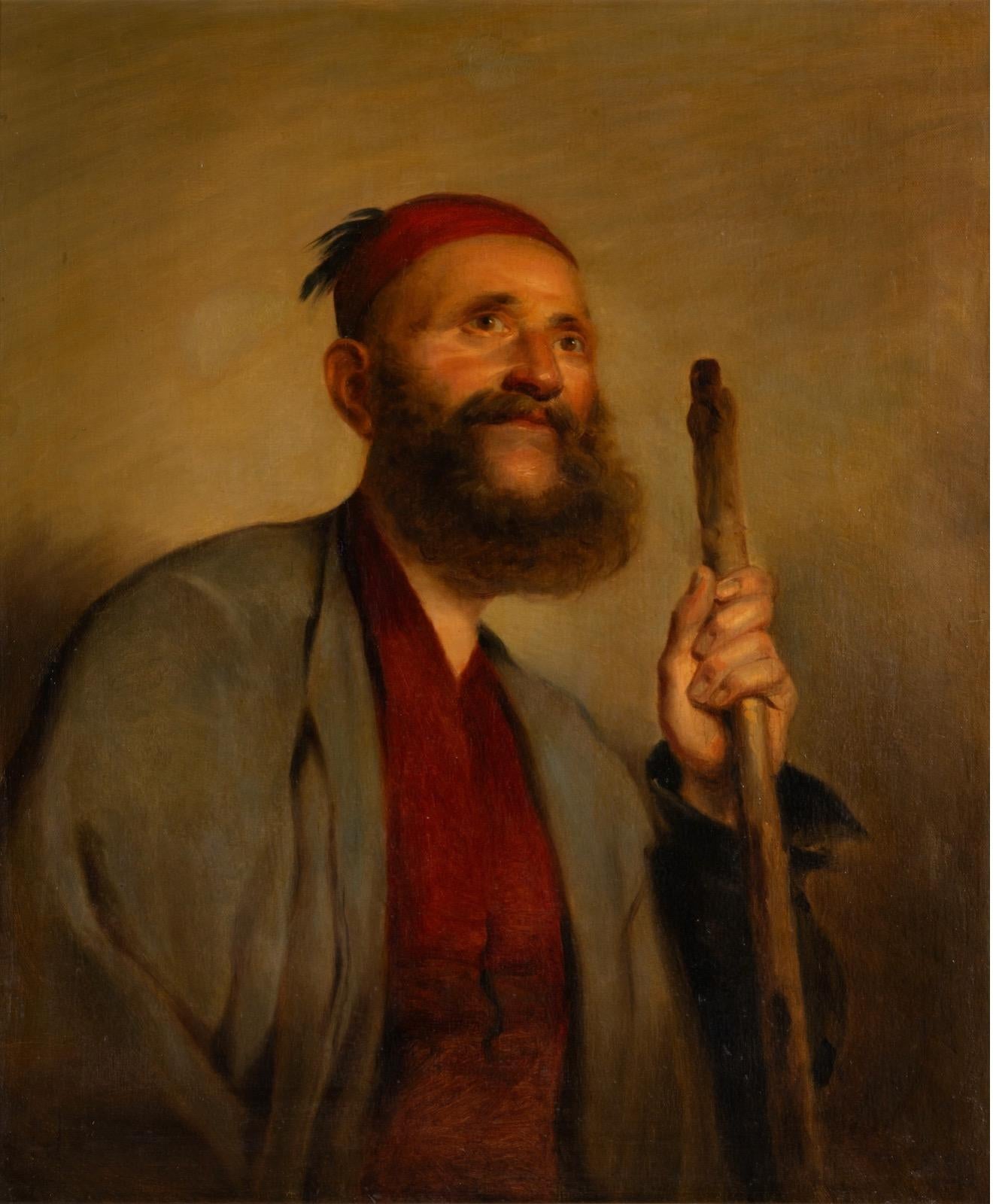 Homme oriental portant un Fez, huile sur toile, XIXe siècle.  - Painting de Unknown