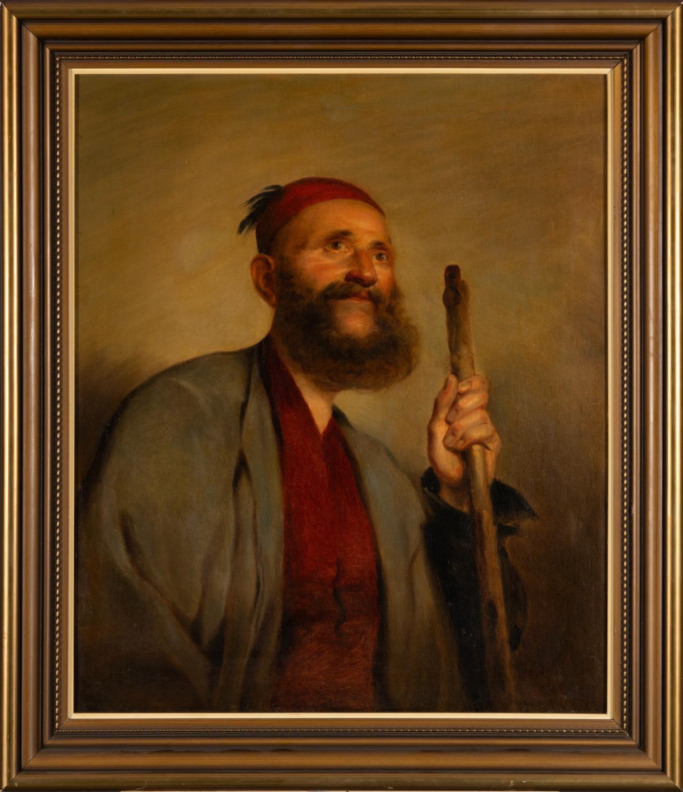 A fine portrait of an oriental bearded man, wearing a fez and holding a walking stick, second half of the 19th century. Oil on canvas. Relined. Unknown artist but probably Swedish. 

The fez is a felt headdress in the shape of a short, cylindrical,