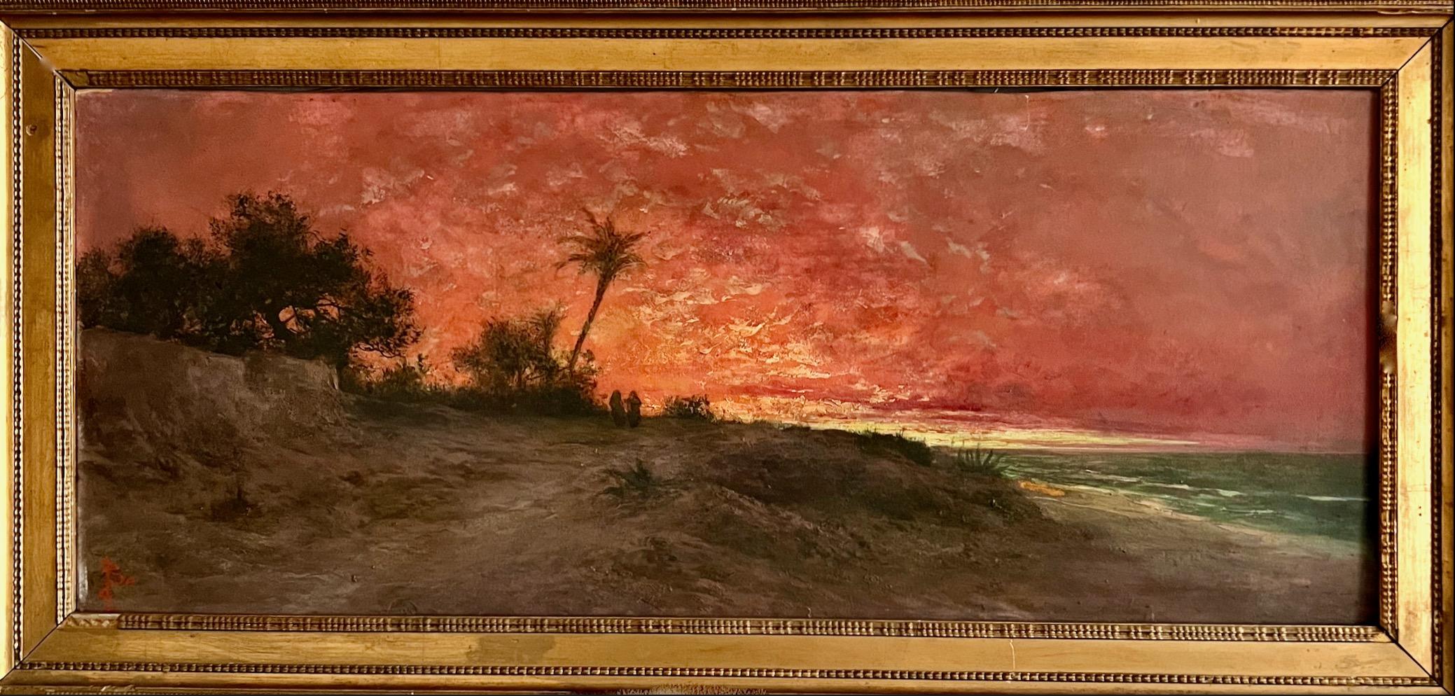 Oriental Sunset Landscape By The Sea, Oil on Cardboard. 19th century.   - Painting by Unknown