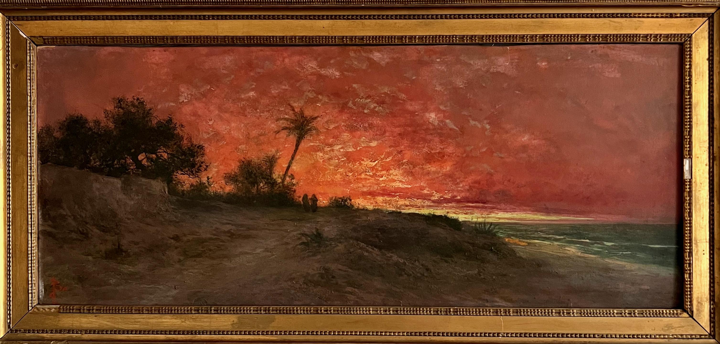 A fine painting depicting an oriental shoreline sunset with red skies and two oriental women walking towards their village by the beach and sea. Oil on cardboard by an unidentified artist. Signed with monogram. The somewhat long rectangular shape