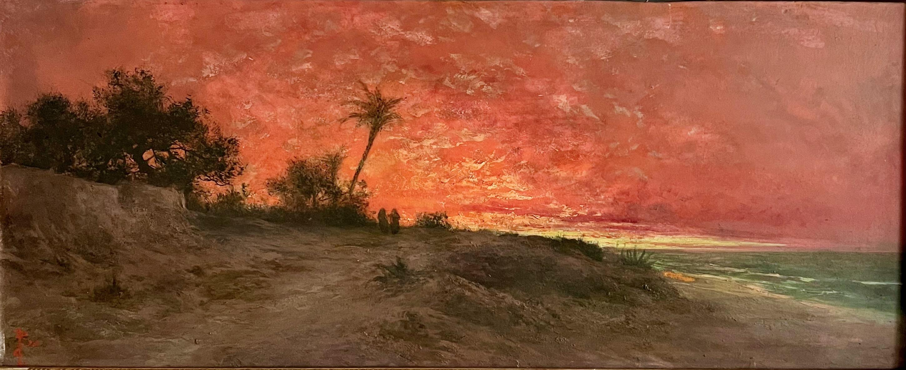 Paysage oriental au bord de la mer au coucher du soleil, Huile sur carton. 19e siècle.  