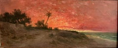 Antique Oriental Sunset Landscape By The Sea, Oil on Cardboard. 19th century.  