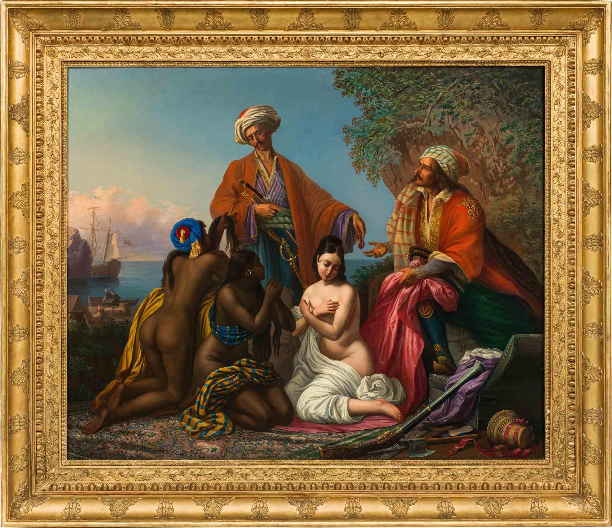 Mercanti di schiavi orientali - Pittura a olio su tela - XIX secolo - Painting di Unknown
